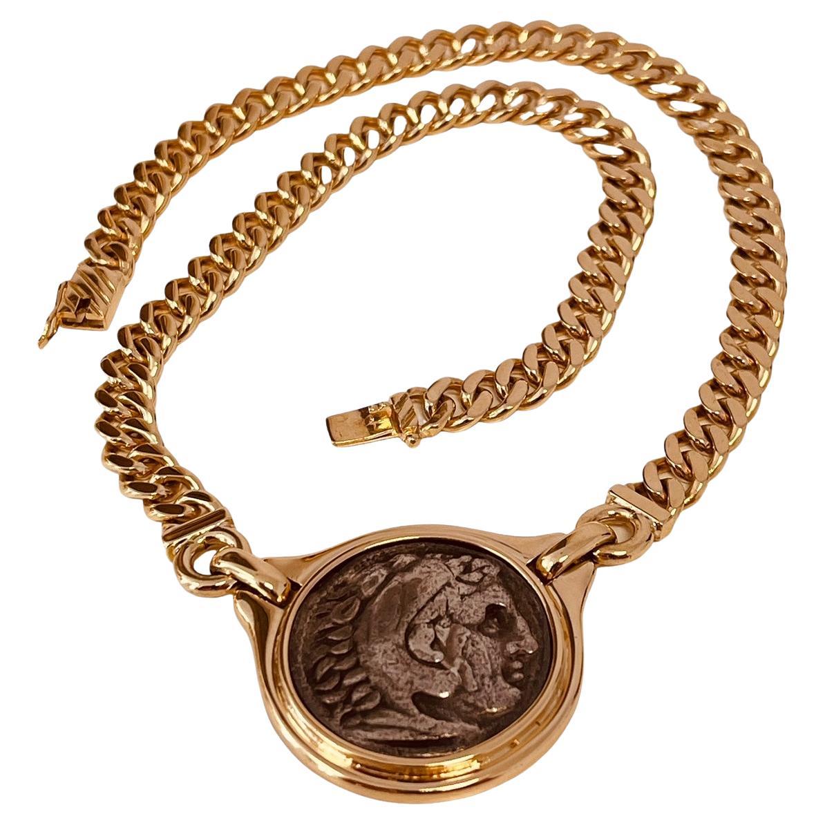 18ct Gold Link Necklace Centring A Reproduction Of An Antique Greek Silver Coin For Sale