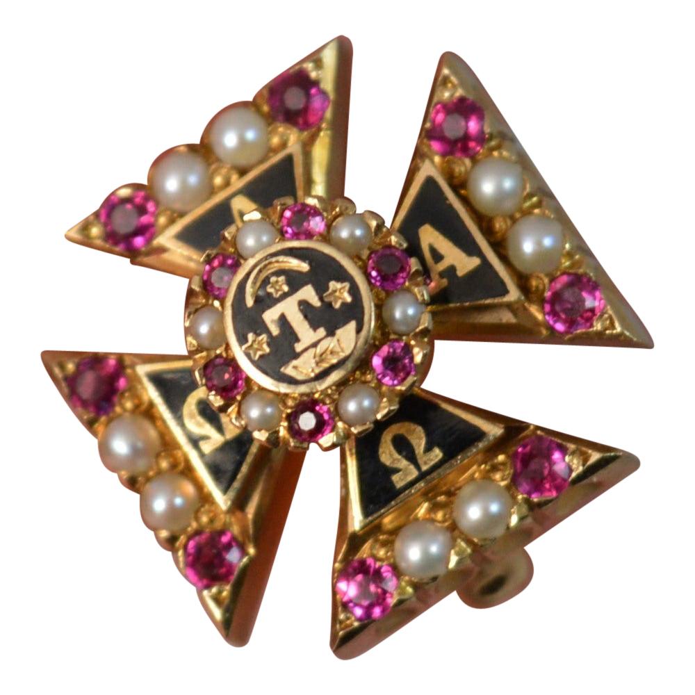18 Carat Gold Maltese Cross Masonic Enamel Ruby Pearl Brooch
