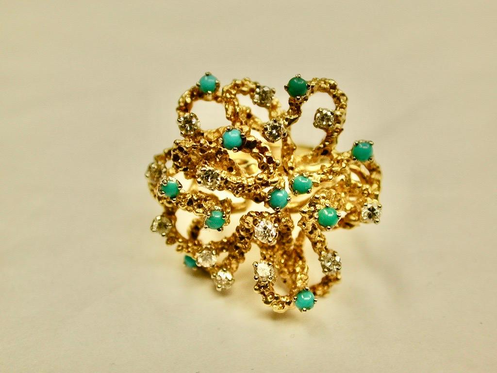 De las mujeres Anillo modernista de oro de 18 ct con turquesa y diamantes talla brillante circa 1960 en venta