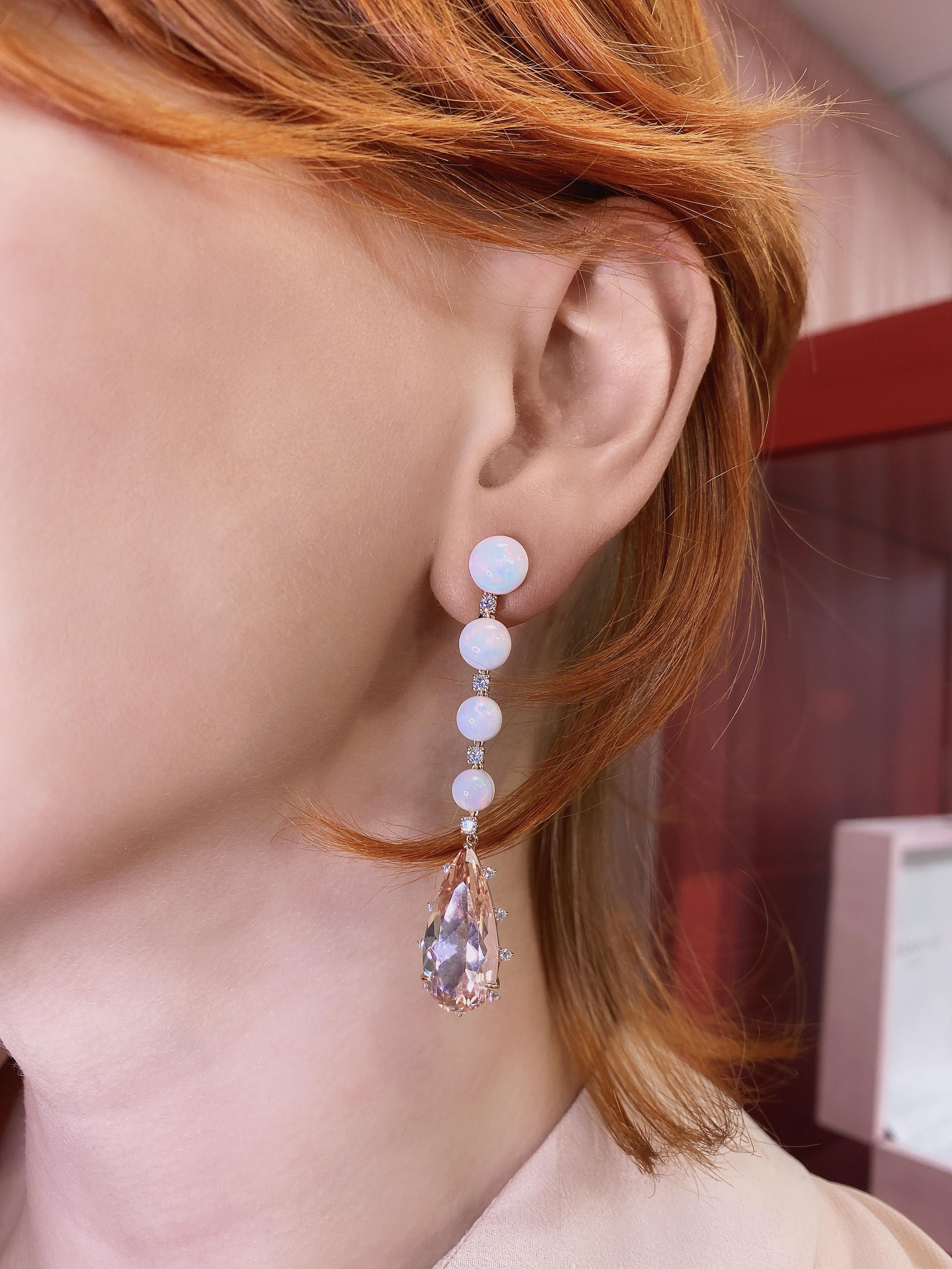 Pear Cut 18 Carat Gold, Morganite, Opal and Diamond Earrings