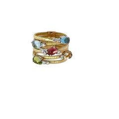 18ct Gold Multi-Gemstone & Diamond Ring – 6-Row Design