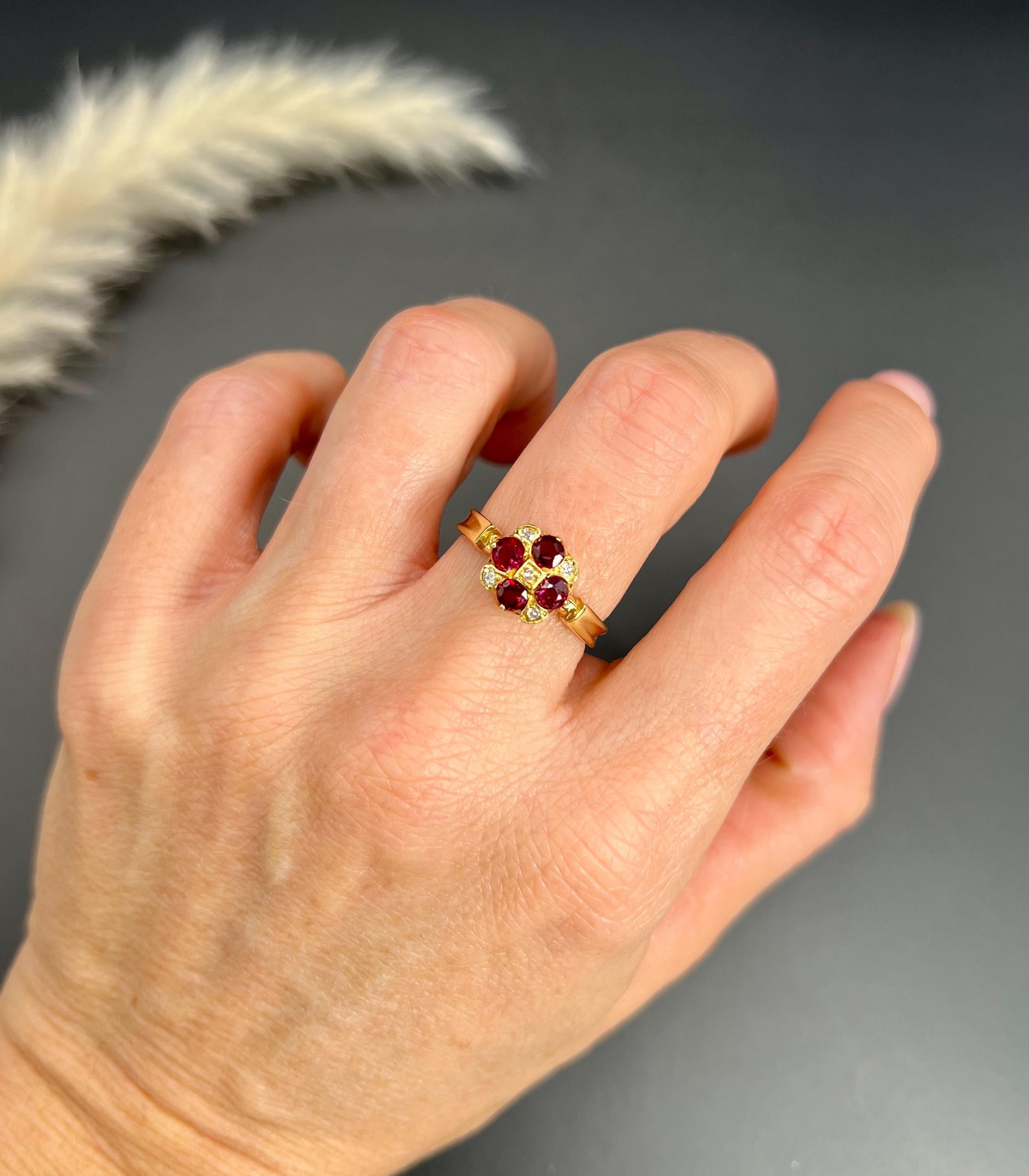 Vintage Ruby & Diamond Ring 

18ct Gold Stamped 

Hallmarked London 1971

Makers Mark J & P

This stunning vintage ring showcases a captivating design crafted from 18ct yellow gold. At the heart of the piece are natural rubies and diamonds,