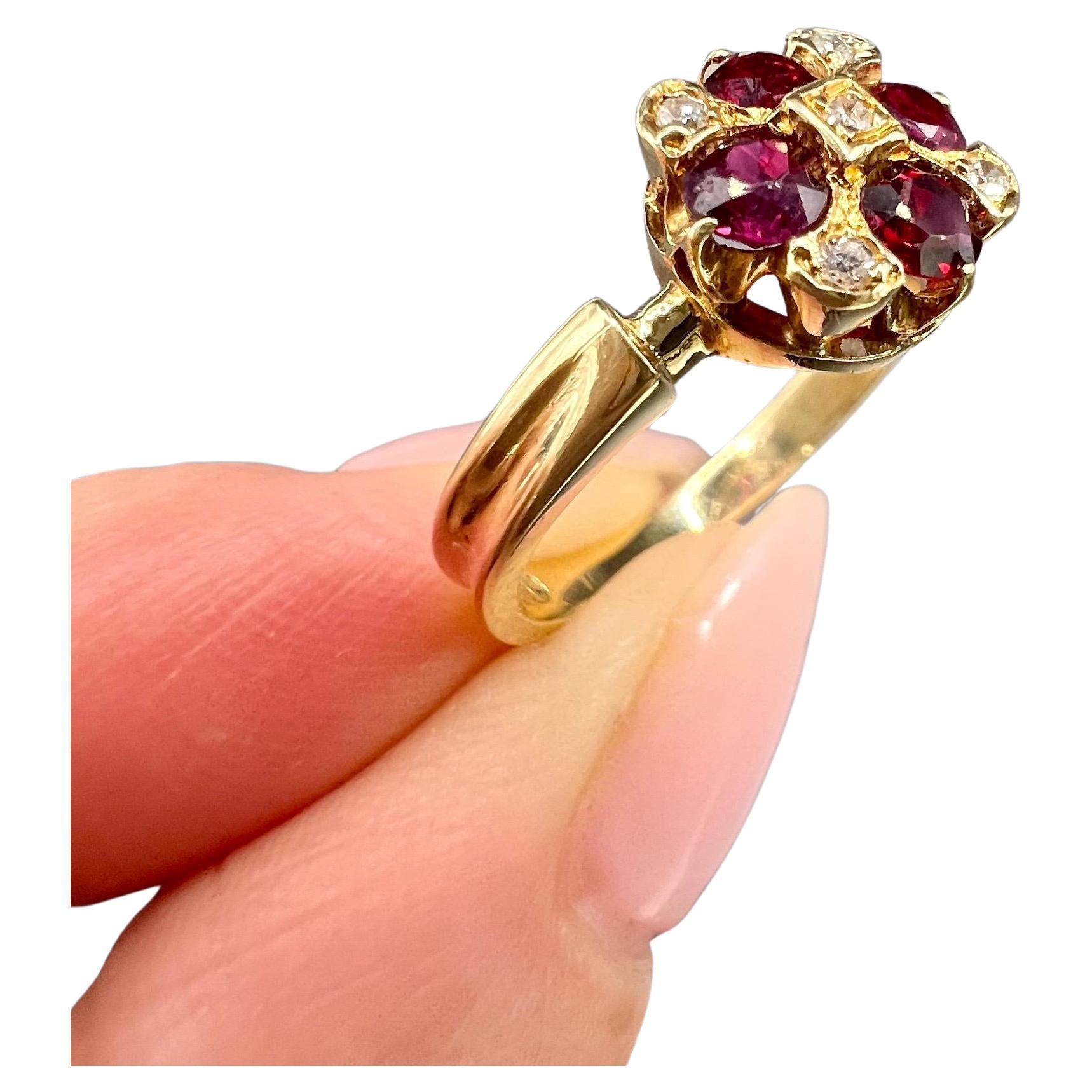 18ct Gold Natural Ruby & Diamond Chequerboard Style Ring Hallmarked London 1971 For Sale