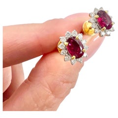 18ct Gold Natural Ruby & Diamond Cluster Stud Earrings