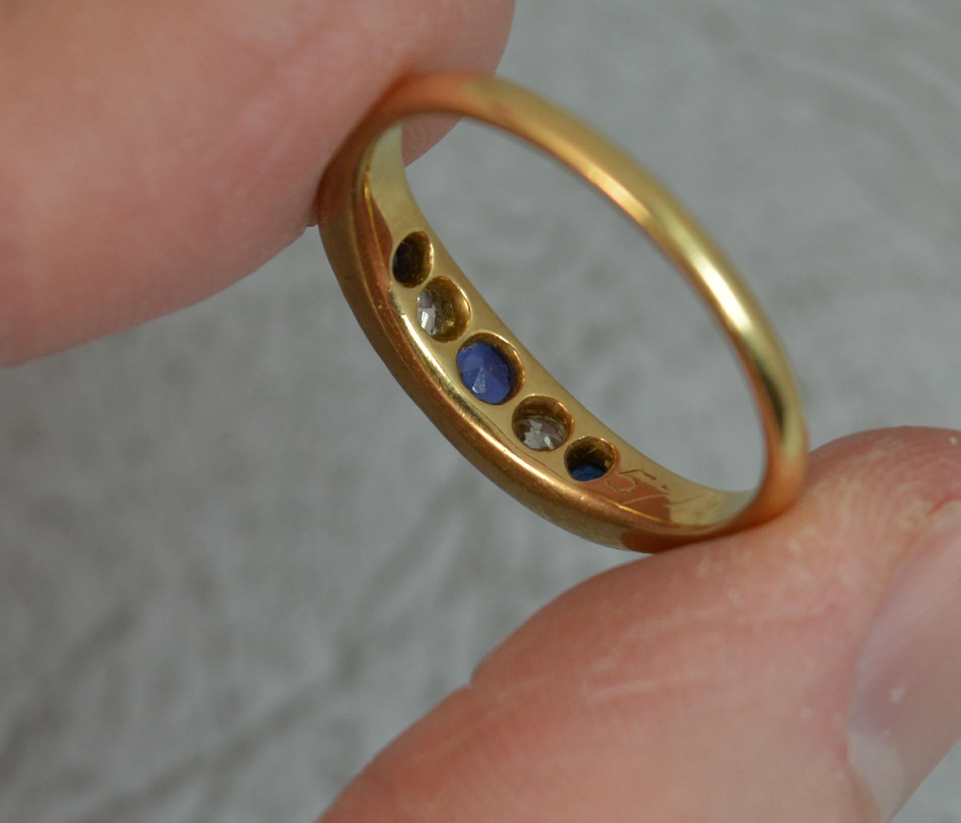 18 Carat Gold Old Cut Diamond Sapphire Five-Stone Boat Ring 4