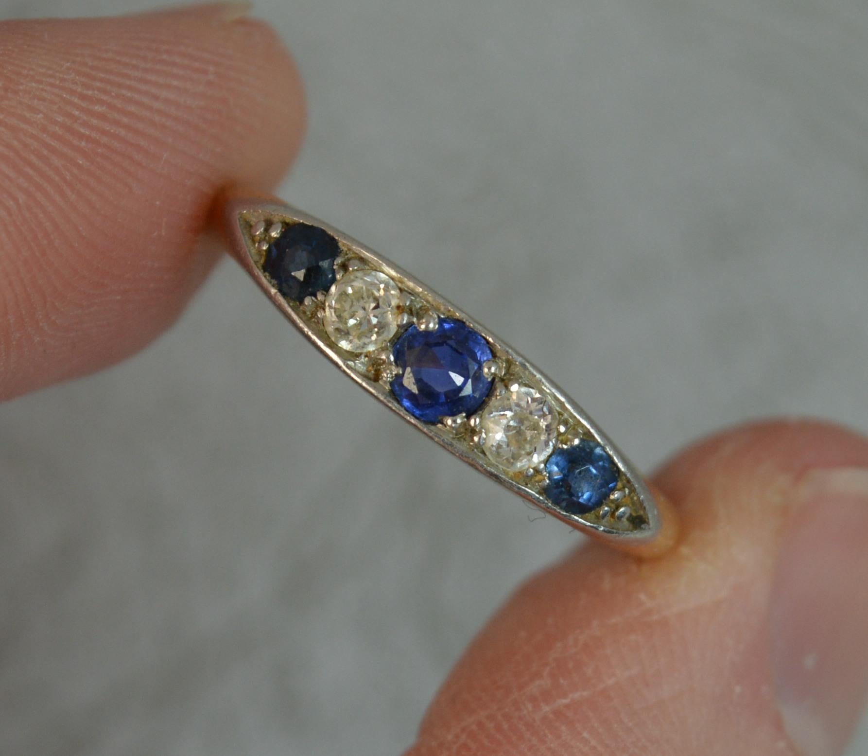 18 Carat Gold Old Cut Diamond Sapphire Five-Stone Boat Ring 5