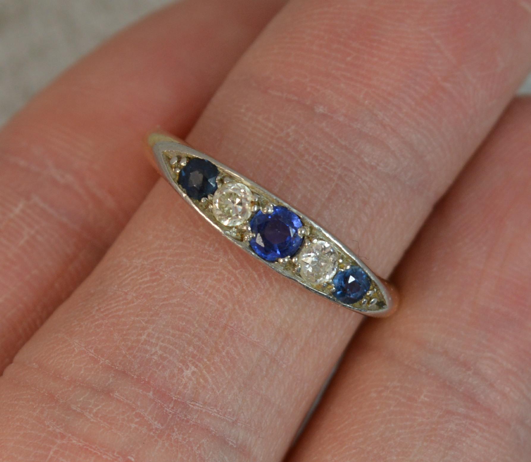 18 Carat Gold Old Cut Diamond Sapphire Five-Stone Boat Ring 6