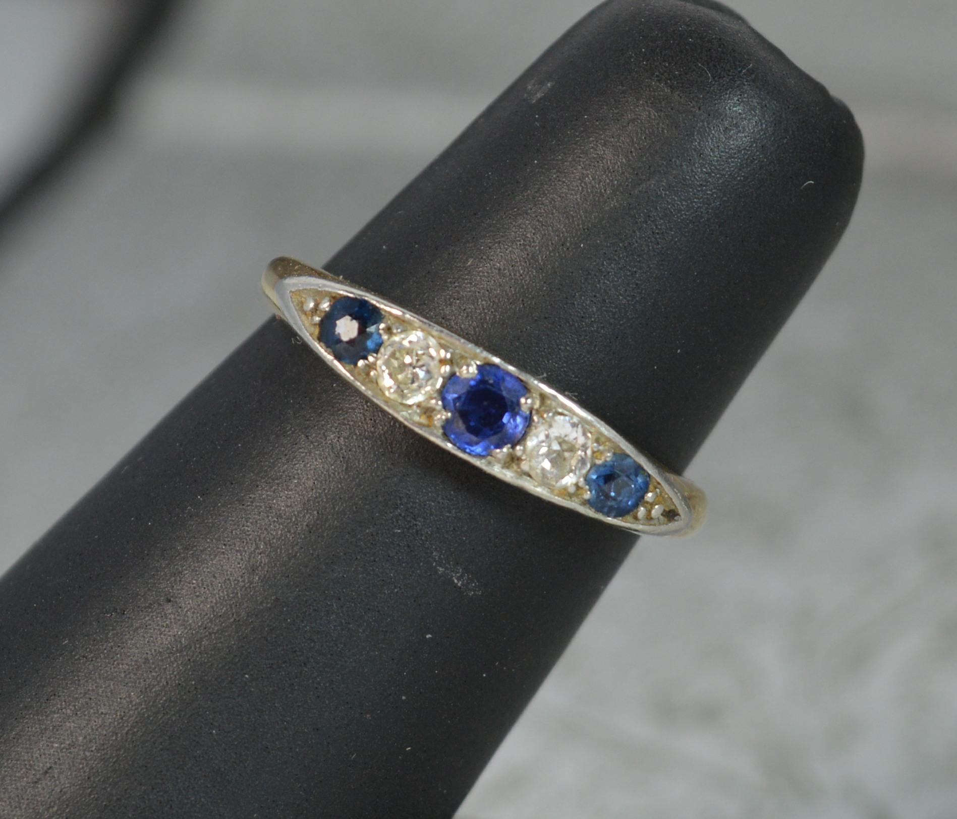 18 Carat Gold Old Cut Diamond Sapphire Five-Stone Boat Ring In Excellent Condition In St Helens, GB