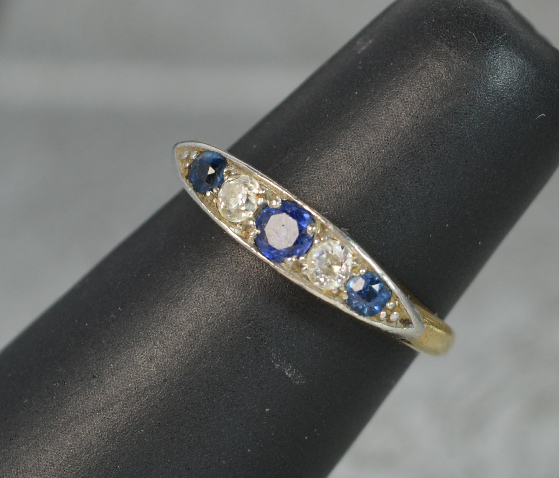 Women's 18 Carat Gold Old Cut Diamond Sapphire Five-Stone Boat Ring