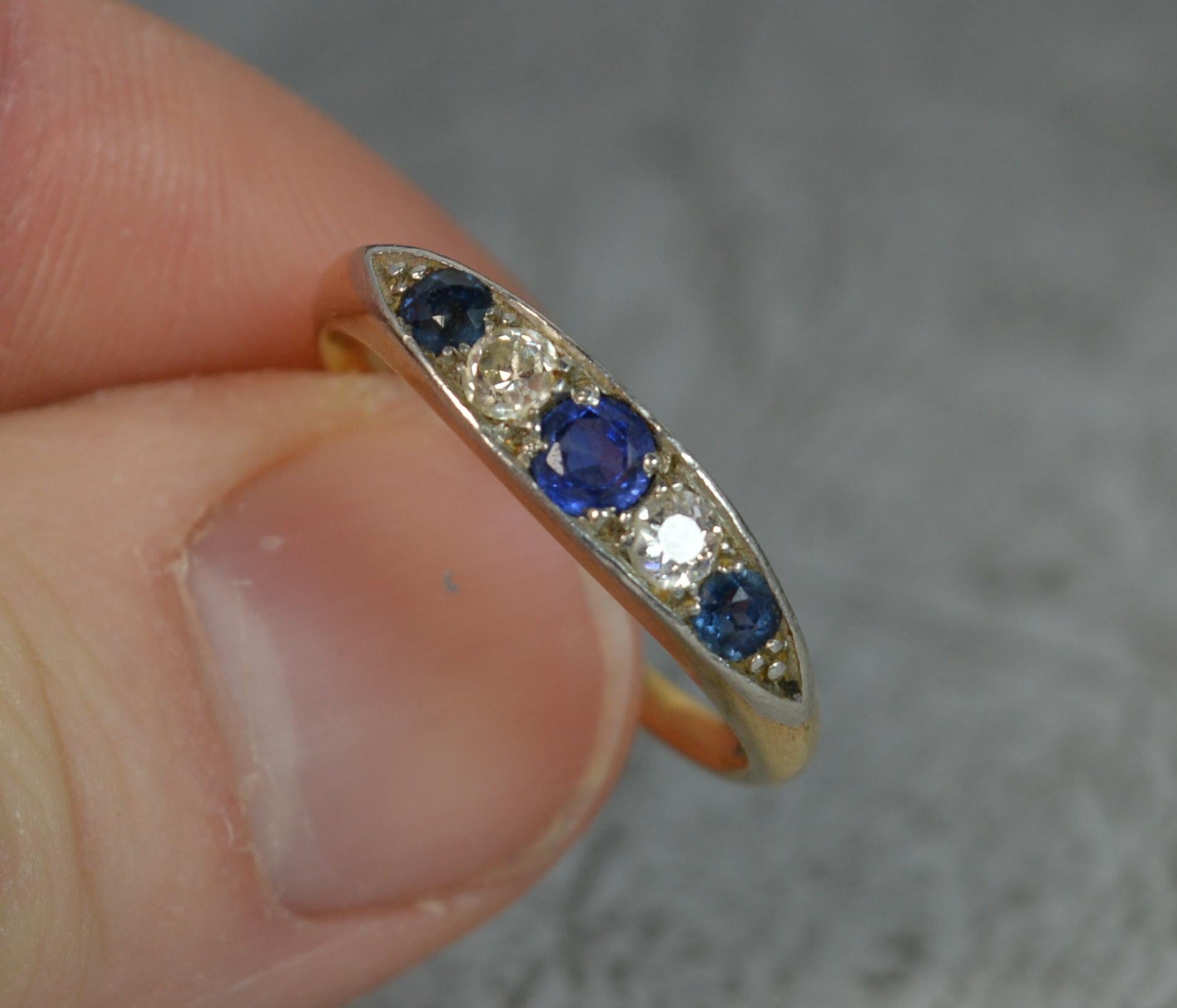 18 Carat Gold Old Cut Diamond Sapphire Five-Stone Boat Ring 1