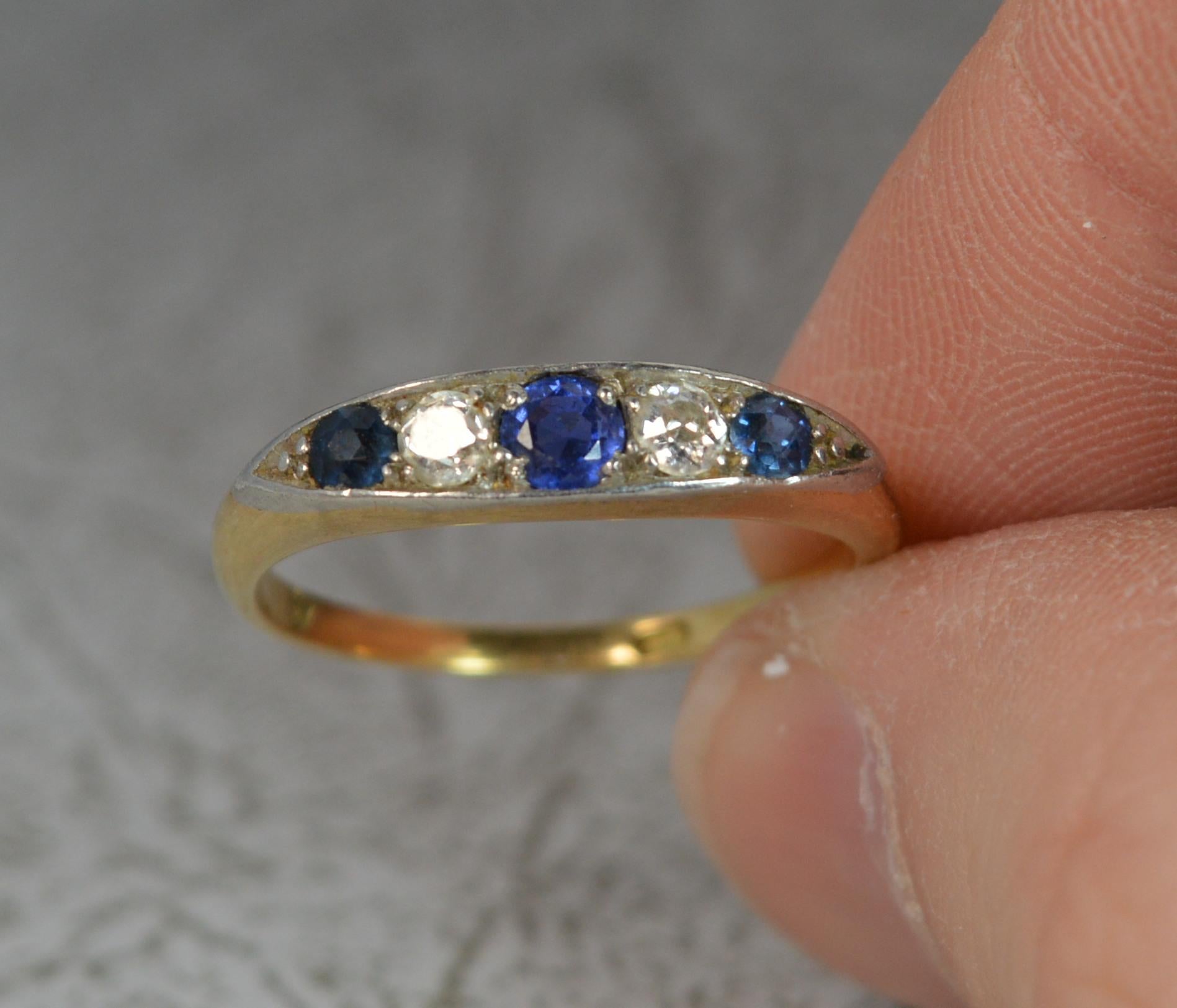 18 Carat Gold Old Cut Diamond Sapphire Five-Stone Boat Ring 2