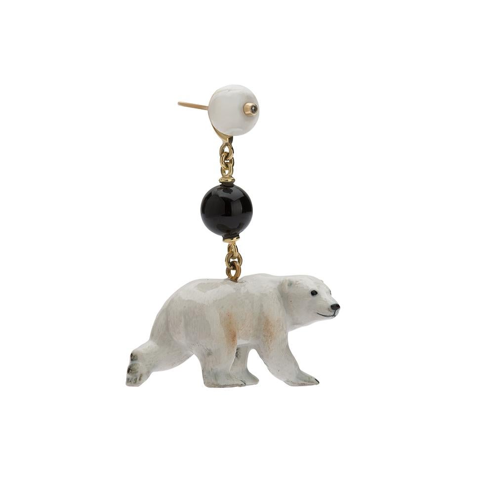 18ct gold, onyx, mother-of-pearl, brass, porcelain and diamond Polar Bear earrings
One-of-a-kind
Hallmarked

Look who's come in from the cold this winter: Mr Polar Bear! Adorable, charming and utterly elegant, these one-of-a-kind earrings will