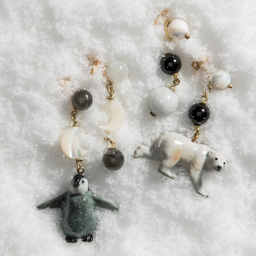 Women's or Men's 18 Carat Gold, Onyx, Mother of pearl, Brass, Porcelain and Diamond Bear Earrings For Sale