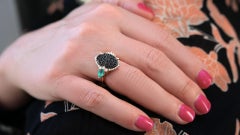 18ct Gold, Oxidized Silver Diamond & Emerald Dress Ring