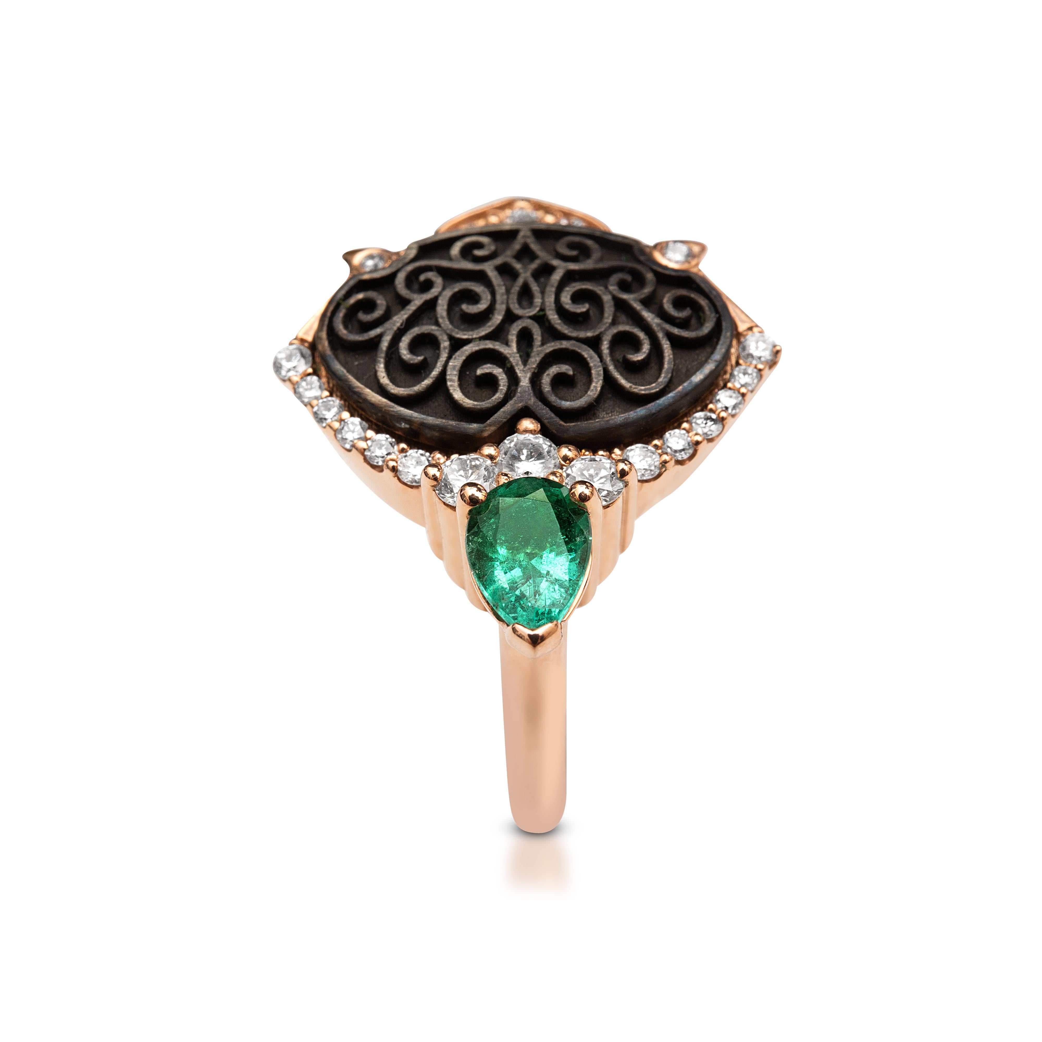 Pear Cut 18ct Gold, Oxidized Silver Diamond & Emerald Dress Ring For Sale