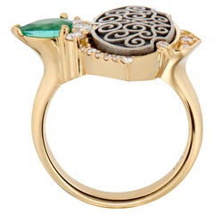18ct Gold, Oxidized Silver Diamond & Emerald Dress Ring