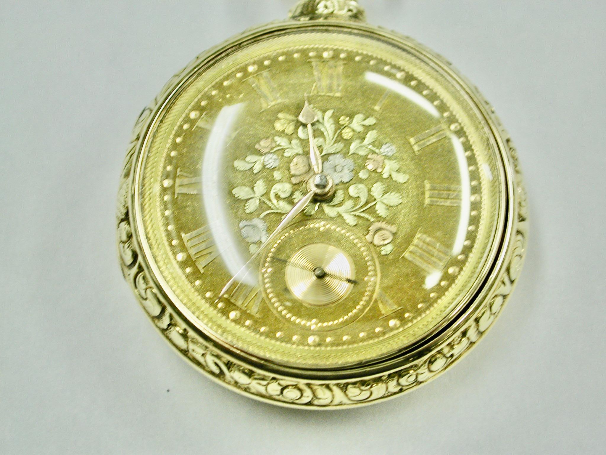 Ein Paar gefasste Taschenuhren aus 18 Karat Gold mit dreifarbigem Zifferblatt und Chester 1822
Das Gehäuse wird von Thomas Helsby aus Liverpool hergestellt. 
 Das Uhrwerk wurde von Thomas und John Ollivant aus Manchester hergestellt.
Diese Uhr ist