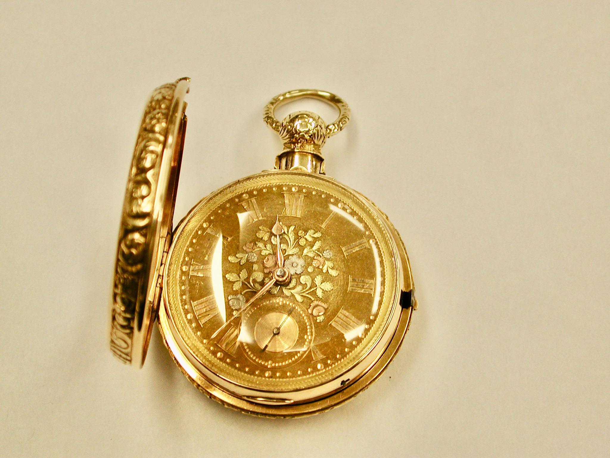 George IV Montre de poche en or 18 carats en forme de paire avec couvercle à cadran tricolore 1822 en vente