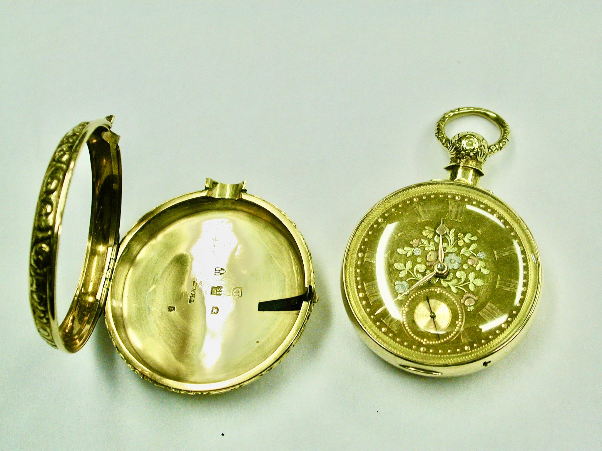 George IV 18 Carat Gold Pair-Cased Pocket Watch with Tri-Coloured Face Chester 1822 For Sale
