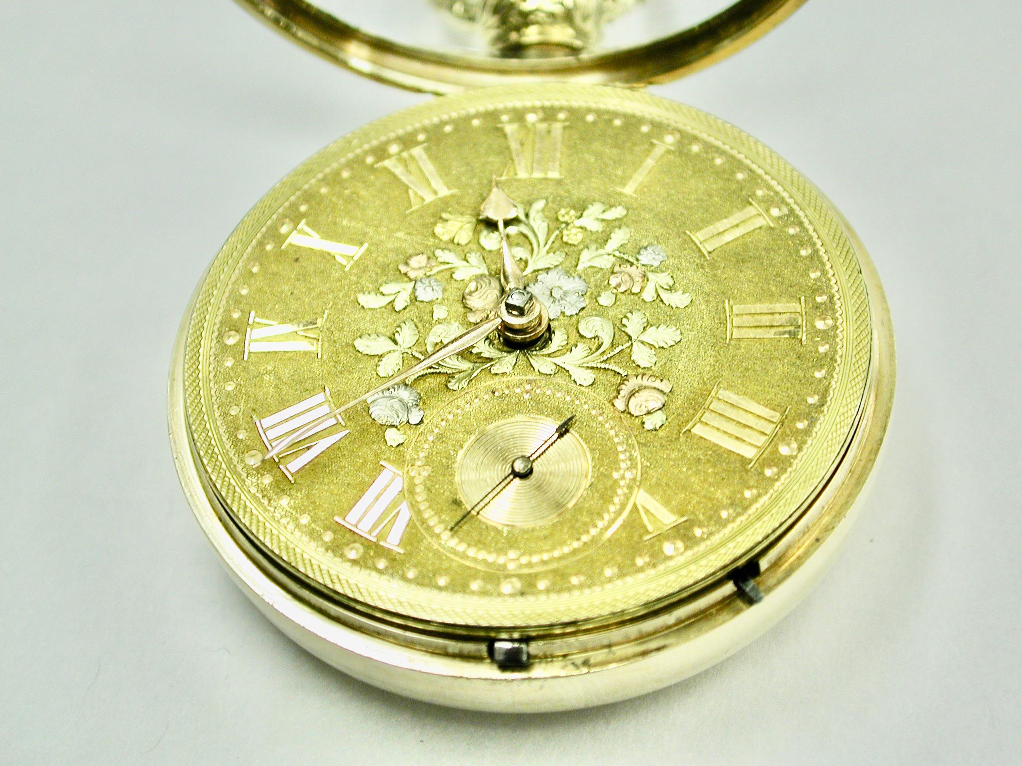 Montre de poche en or 18 carats en forme de paire avec couvercle à cadran tricolore 1822 en vente 2