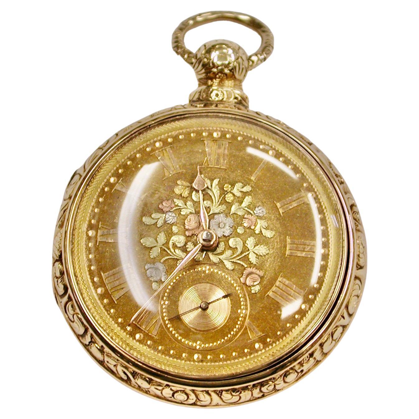 Ein Paar gefasste Taschenuhren aus 18 Karat Gold mit dreifarbigem Zifferblatt und Chester 1822 im Angebot