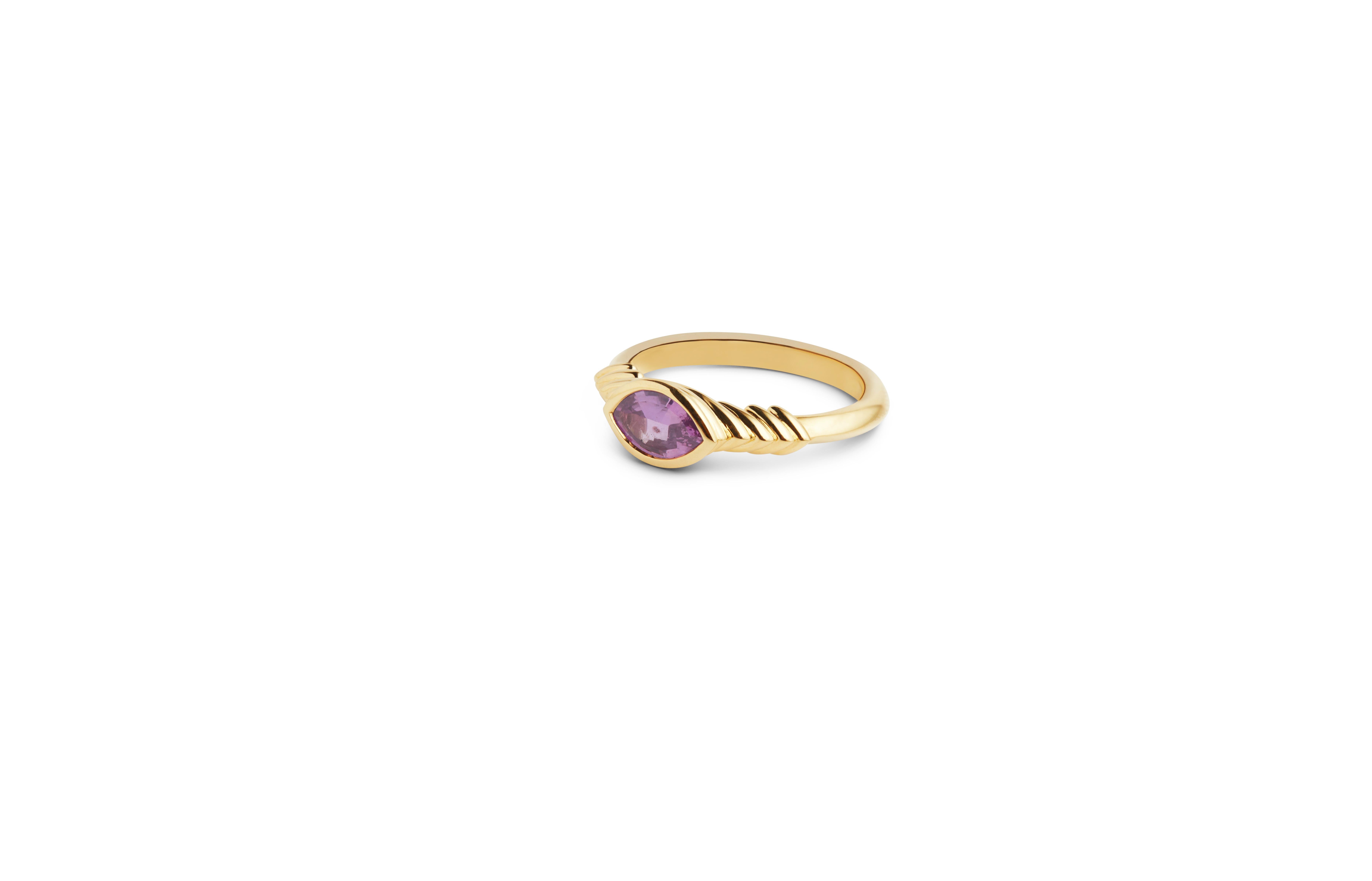 This ring is one of a kind.

18ct yellow gold band designed around a 7.2ct deep pink marquise (8x5mm) Sapphire hand-selected by Kasun on his summer trip back home to Sri Lanka in 2023.

Made start to finish in London, using 100% recycled precious