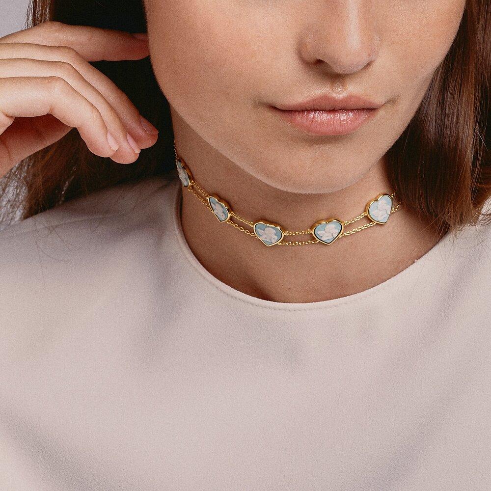 Neoclassical 18ct Gold Plated Sterling Silver Heart Cherubs Choker in Turquoise