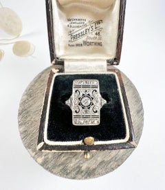 18ct Gold & Platinum 1920s Art Deco Diamond and Sapphire Rectangular Plaque Ring