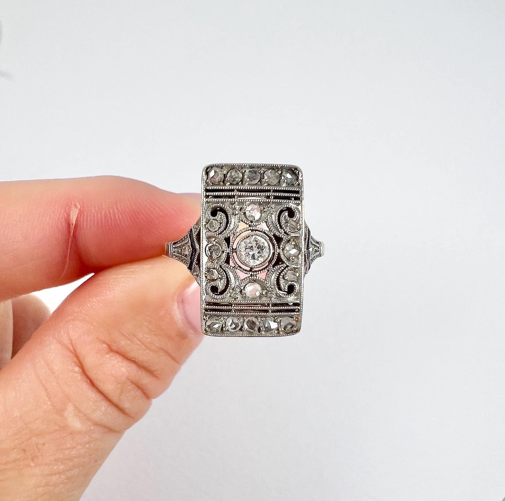 Old European Cut 18ct Gold & Platinum 1920s Art Deco Diamond and Sapphire Rectangular Plaque Ring For Sale