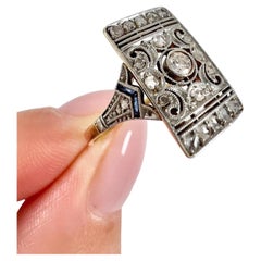18ct Gold & Platin 1920er Jahre Art Deco Diamant und Saphir Rechteckige Plakette Ring