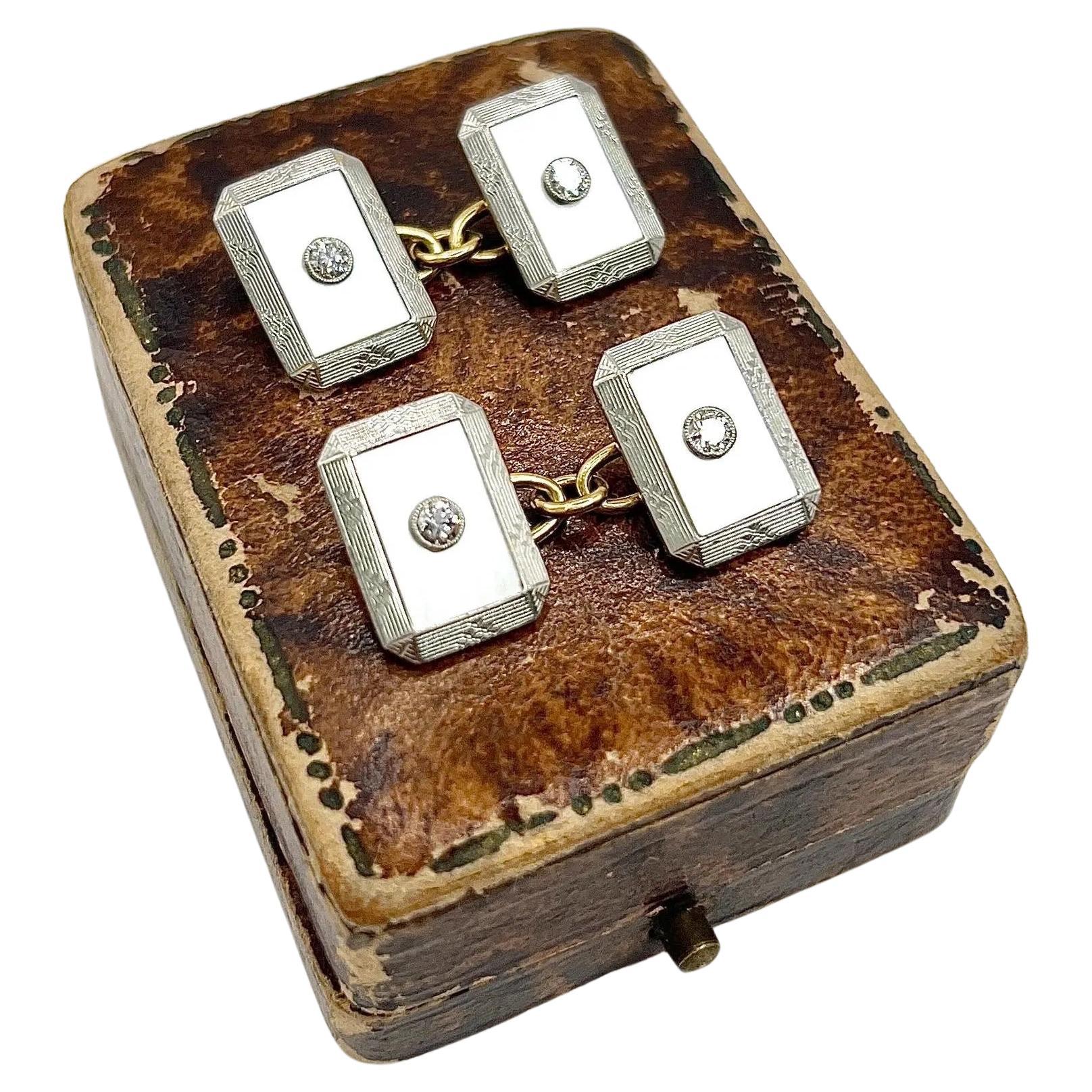 18ct Gold & Platinum 1920’s Art Deco Mother of Pearl and Dimond Cufflinks