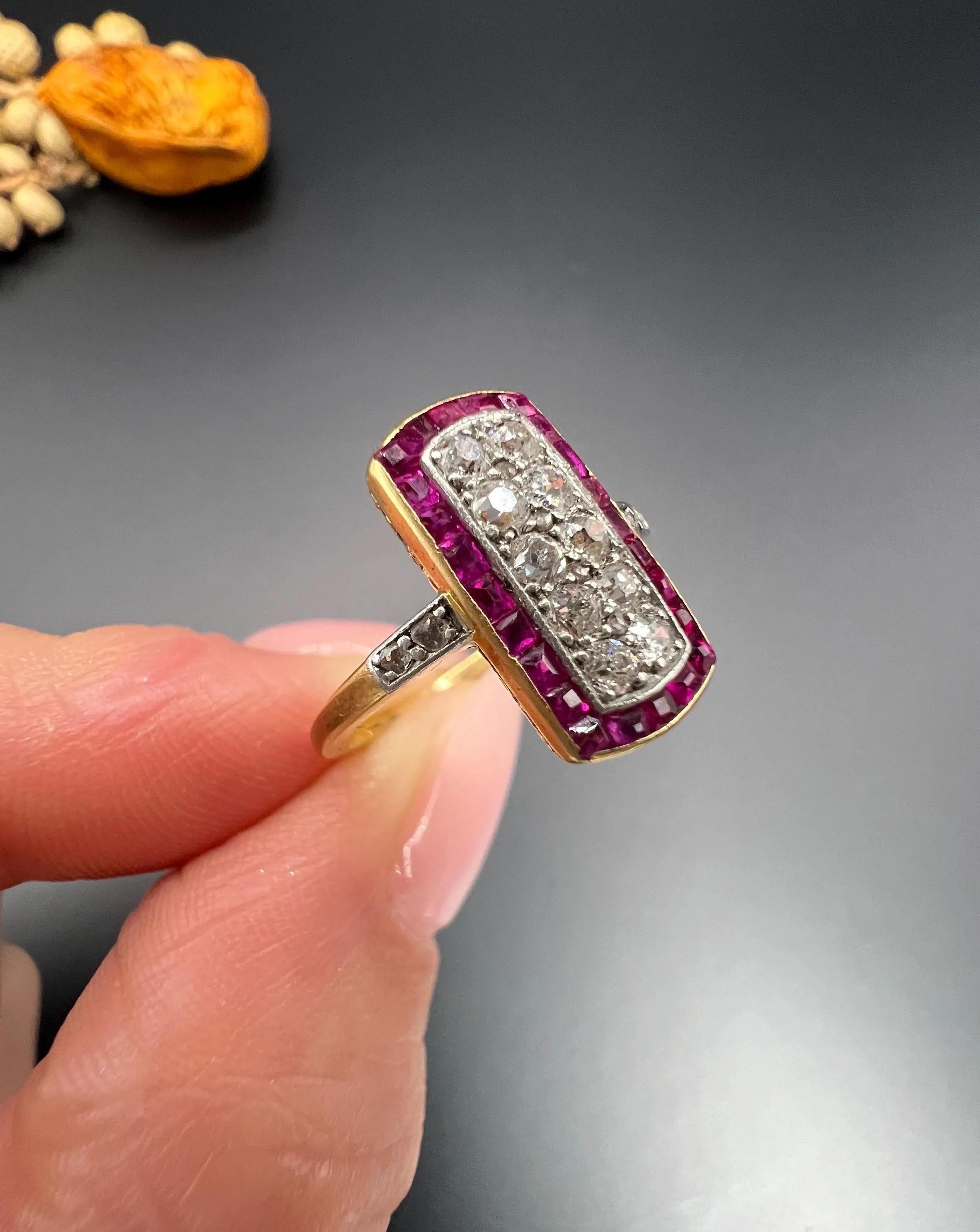18ct Gold & Platin, 1920er Art Deco Rubin Diamant Rechteckiger Ring im Angebot 2