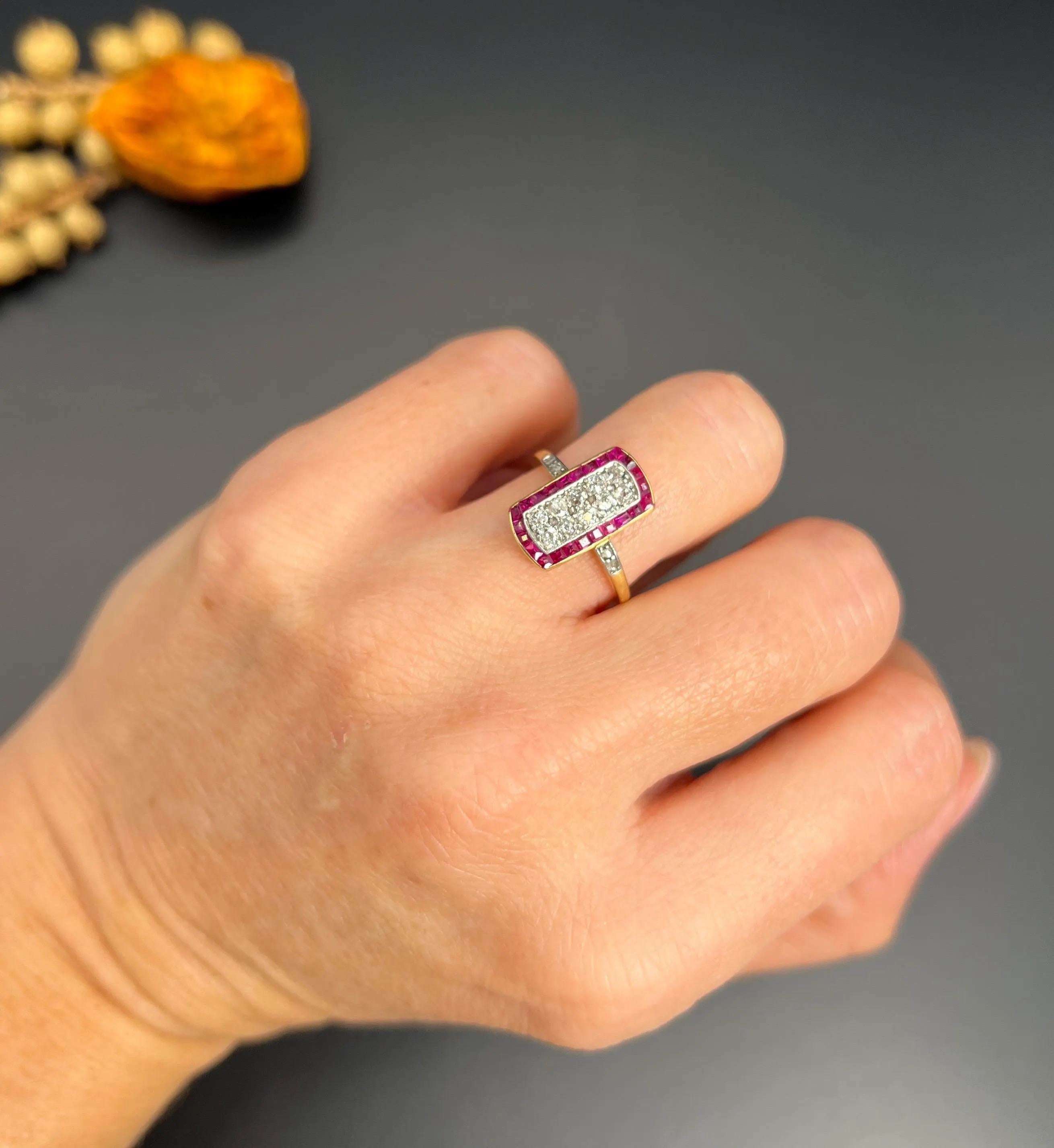 18ct Gold & Platin, 1920er Art Deco Rubin Diamant Rechteckiger Ring im Angebot 3