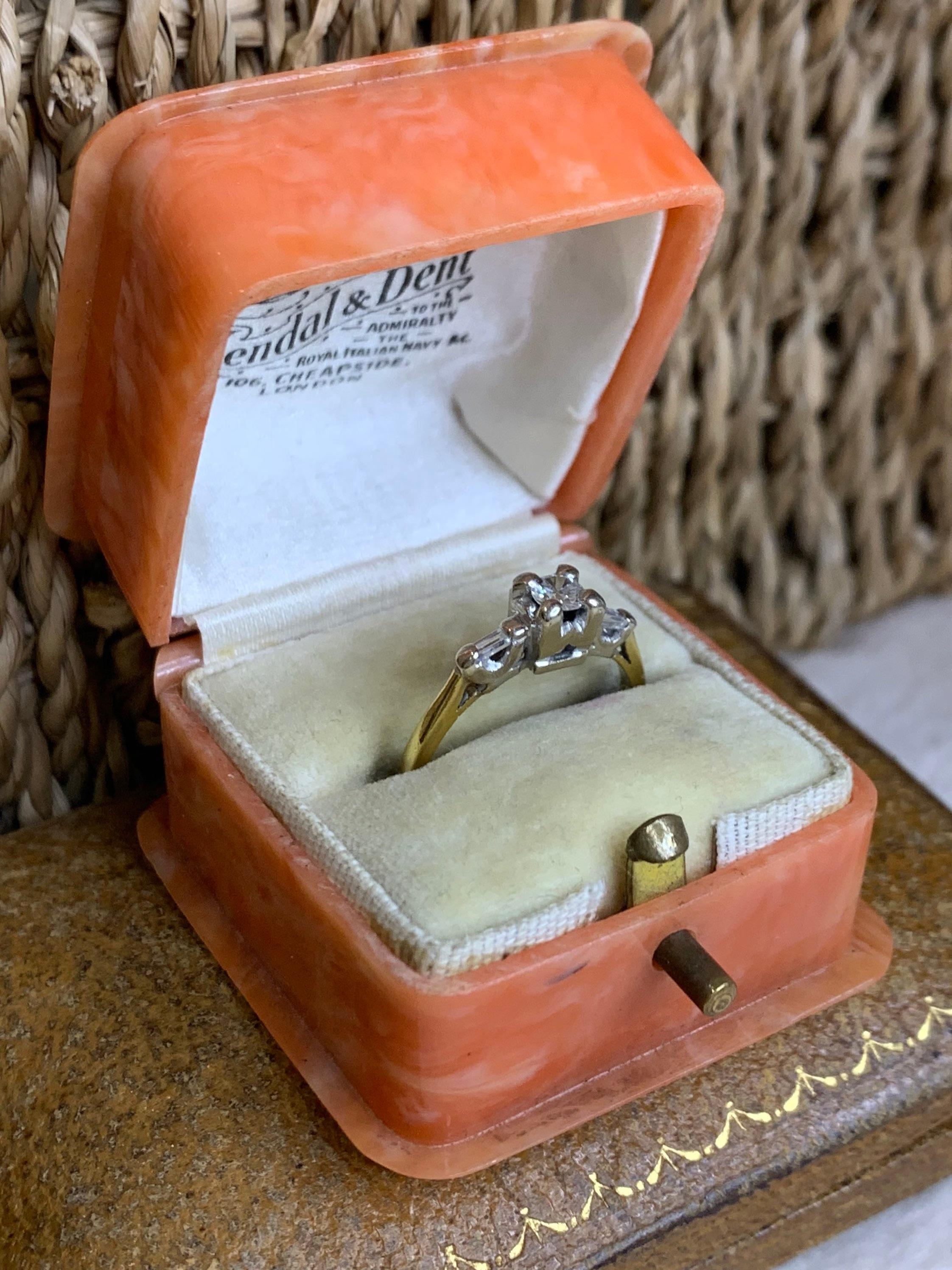 Women's or Men's 18ct Gold & Platinum Baguette Shoulders Diamonds Engagement Ring For Sale