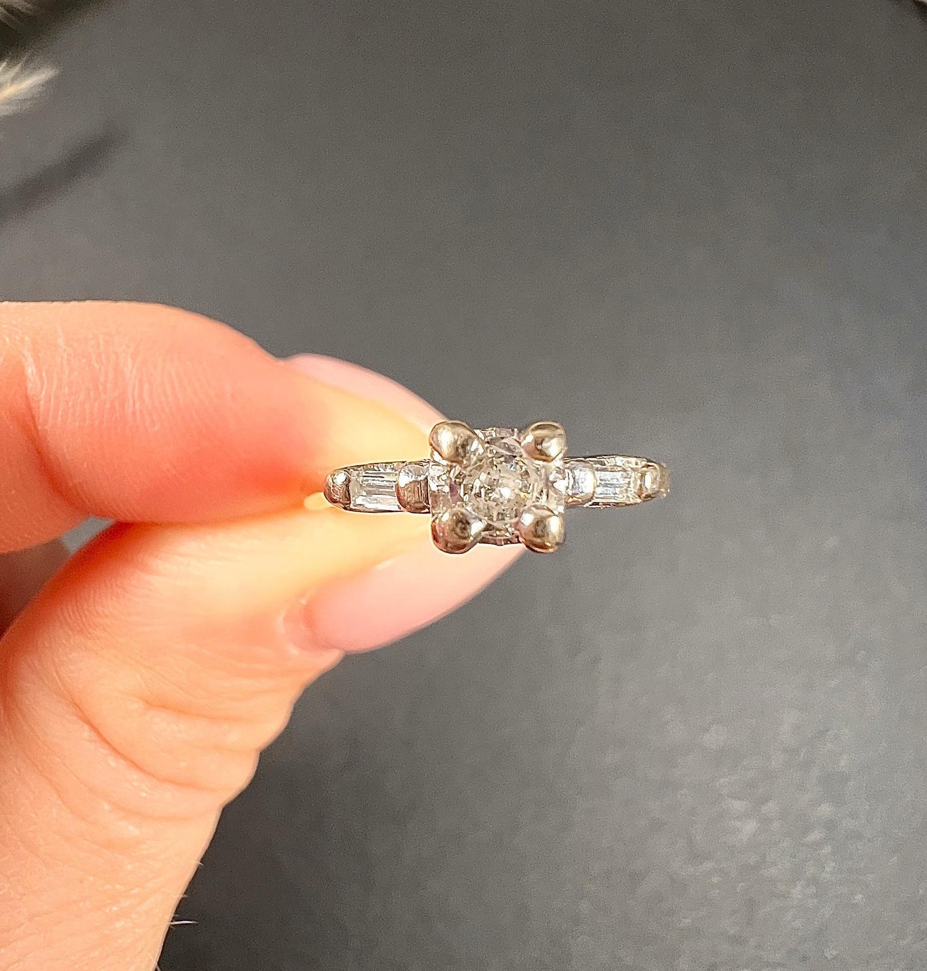 18ct Gold & Platinum Baguette Shoulders Diamonds Engagement Ring For Sale
