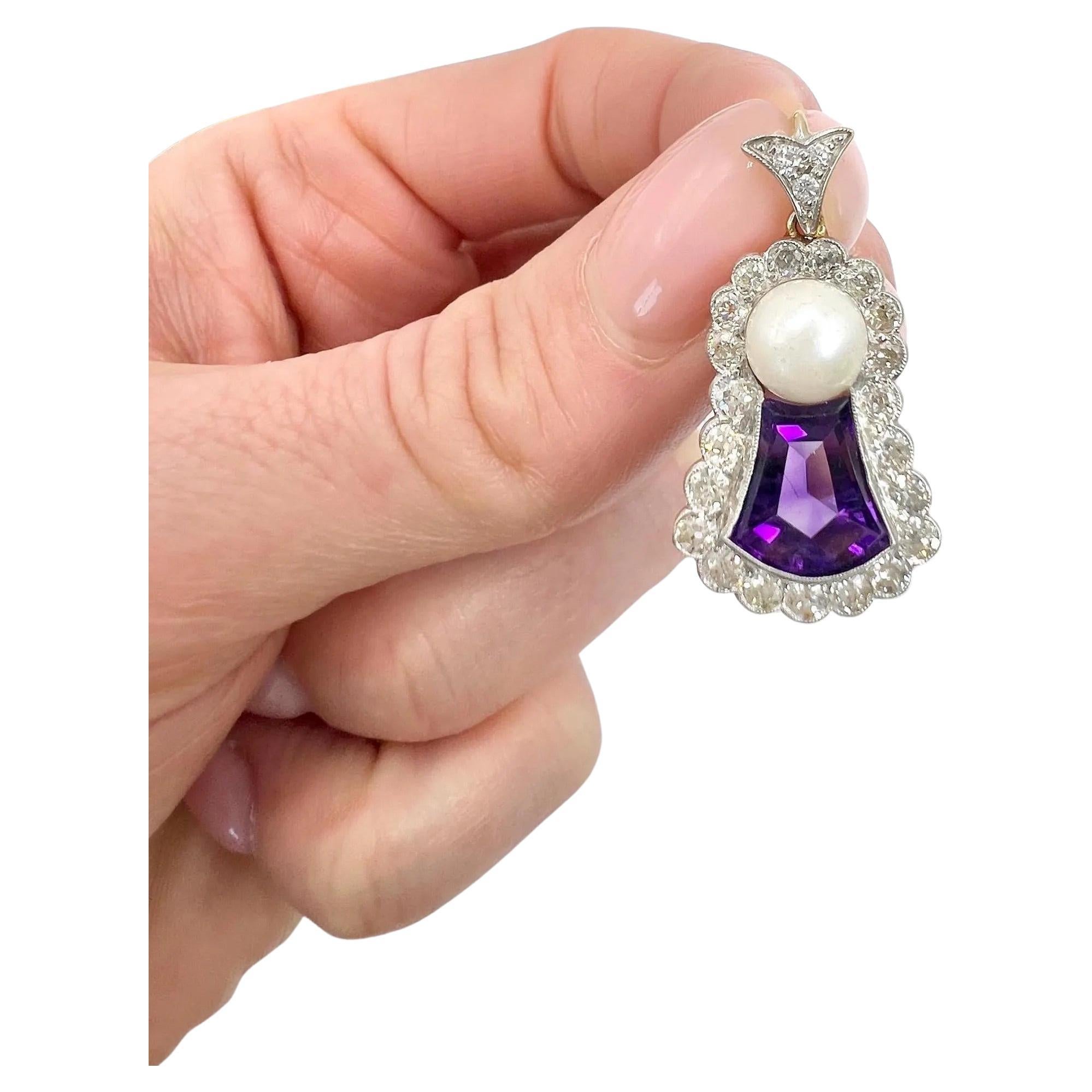 18ct Gold & Platinum Edwardian Amethyst Diamond & Pearl Scottish Thistle Pendent