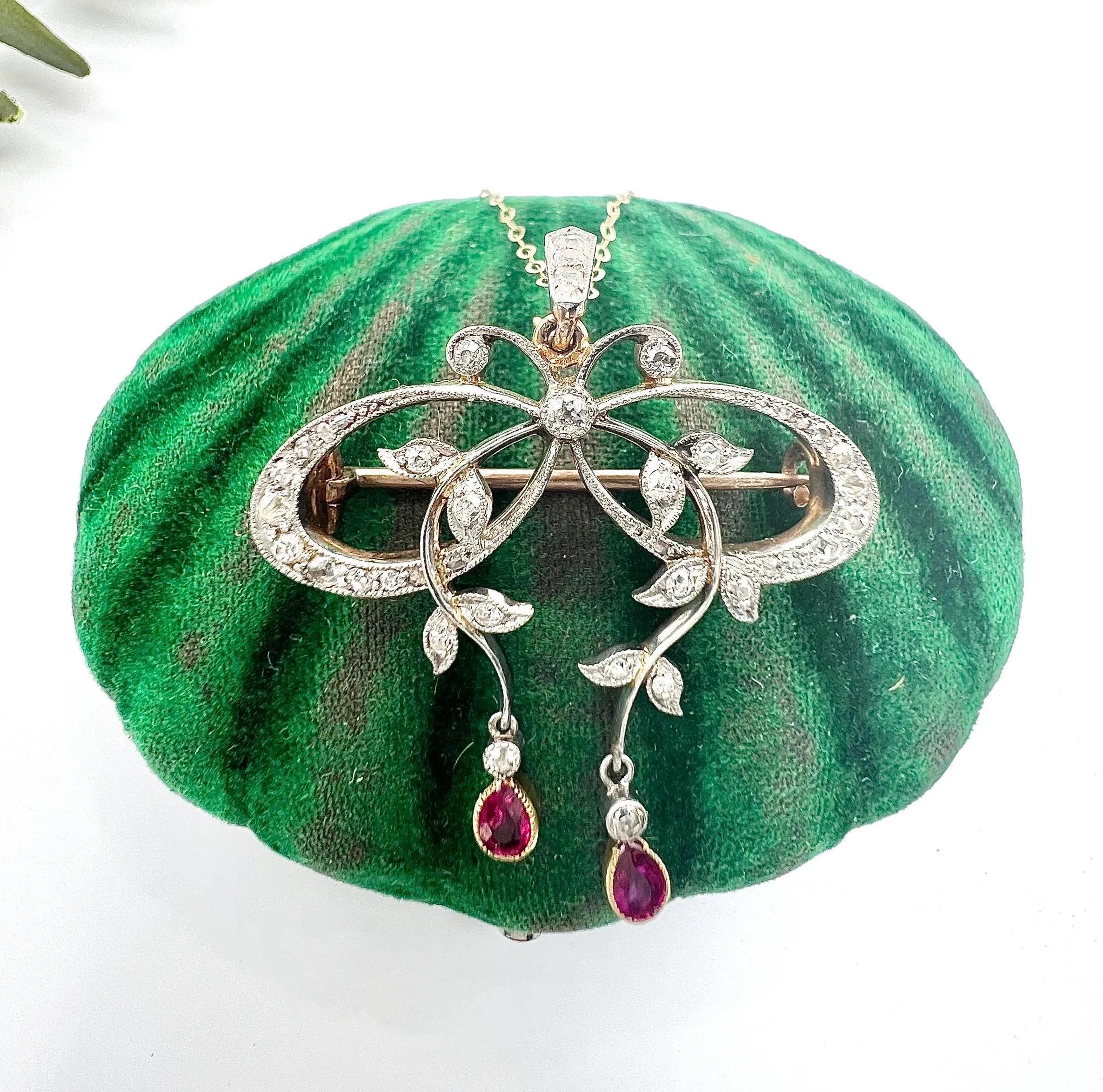 Ciondolo a forma di arco in oro e platino 18ct, Belle Epoque edoardiano con diamanti e rubini in vendita 4