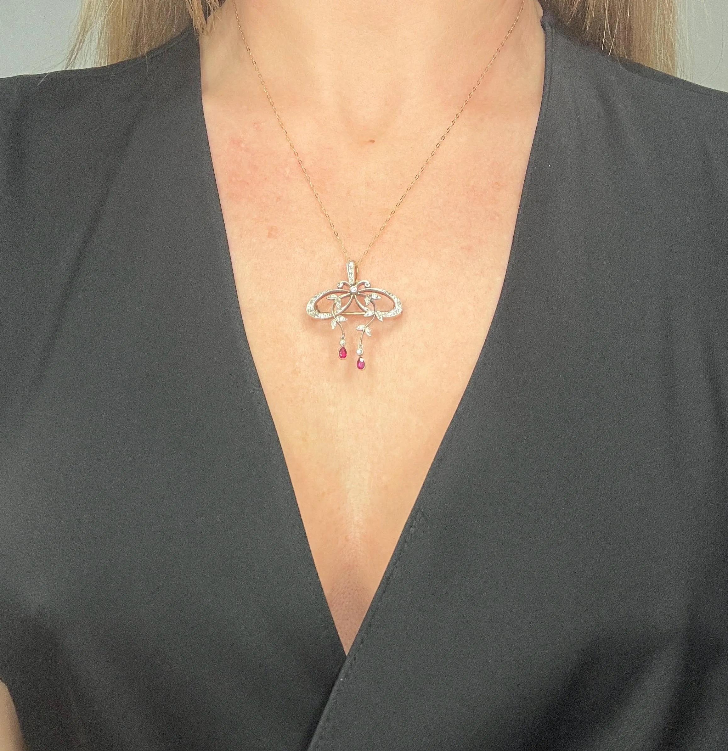Ciondolo a forma di arco in oro e platino 18ct, Belle Epoque edoardiano con diamanti e rubini in vendita 6