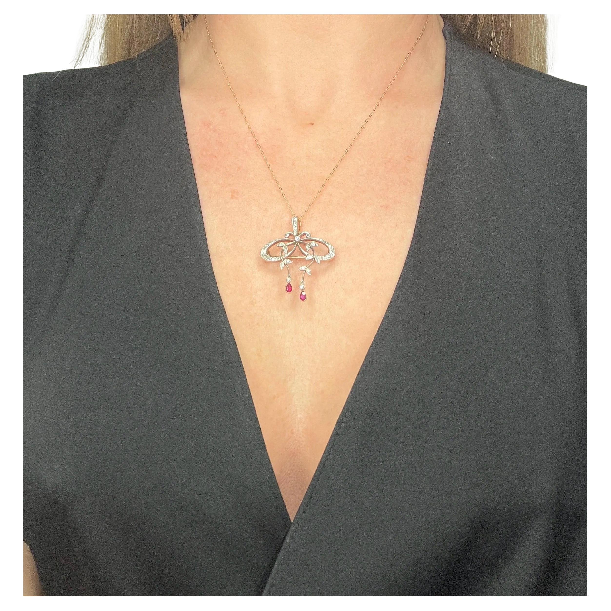 18ct Gold & Platinum, Edwardian Belle Epoque Diamond & Ruby Bow Shaped Pendent