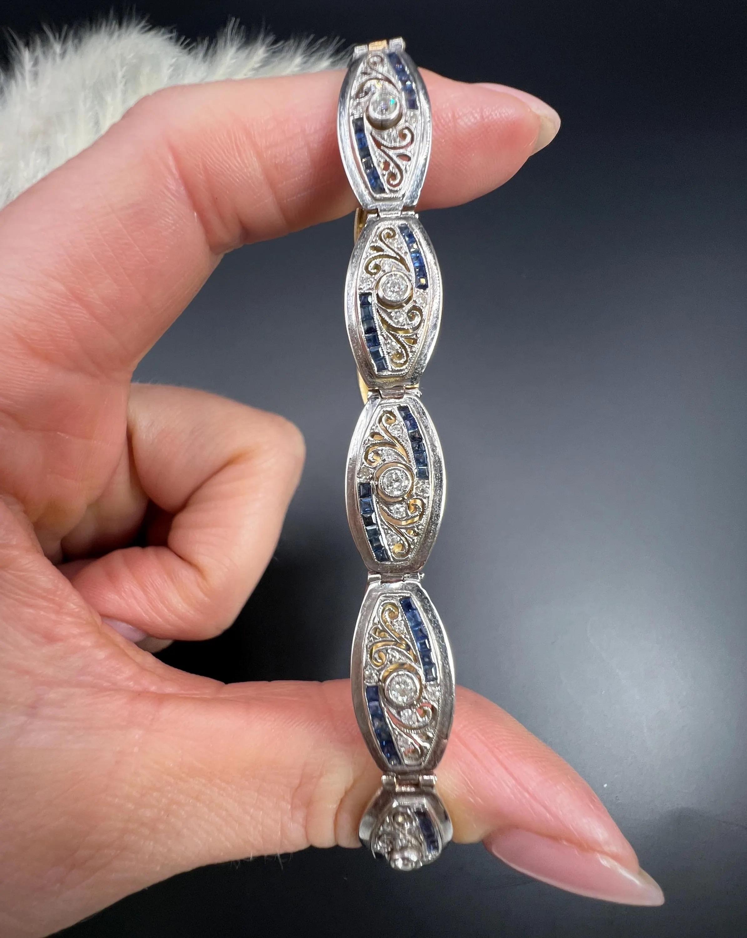 Bracelet édouardien en or 18ct et platine avec saphir calibré et diamant taille ancienne en vente 4