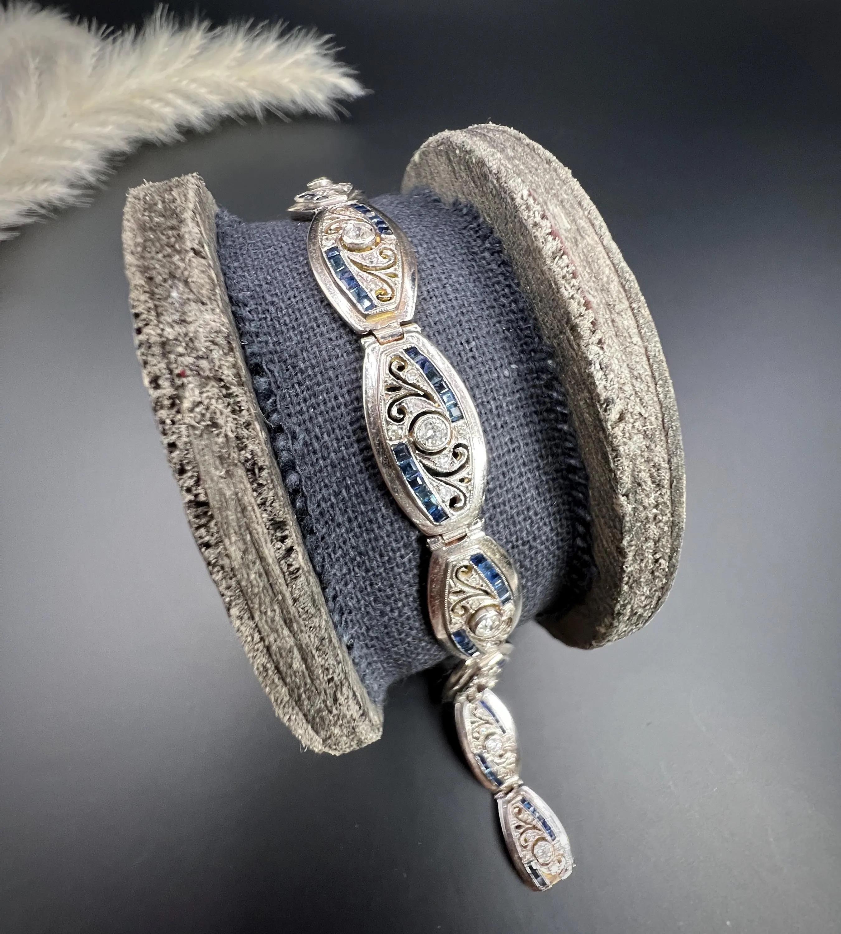Édouardien Bracelet édouardien en or 18ct et platine avec saphir calibré et diamant taille ancienne en vente