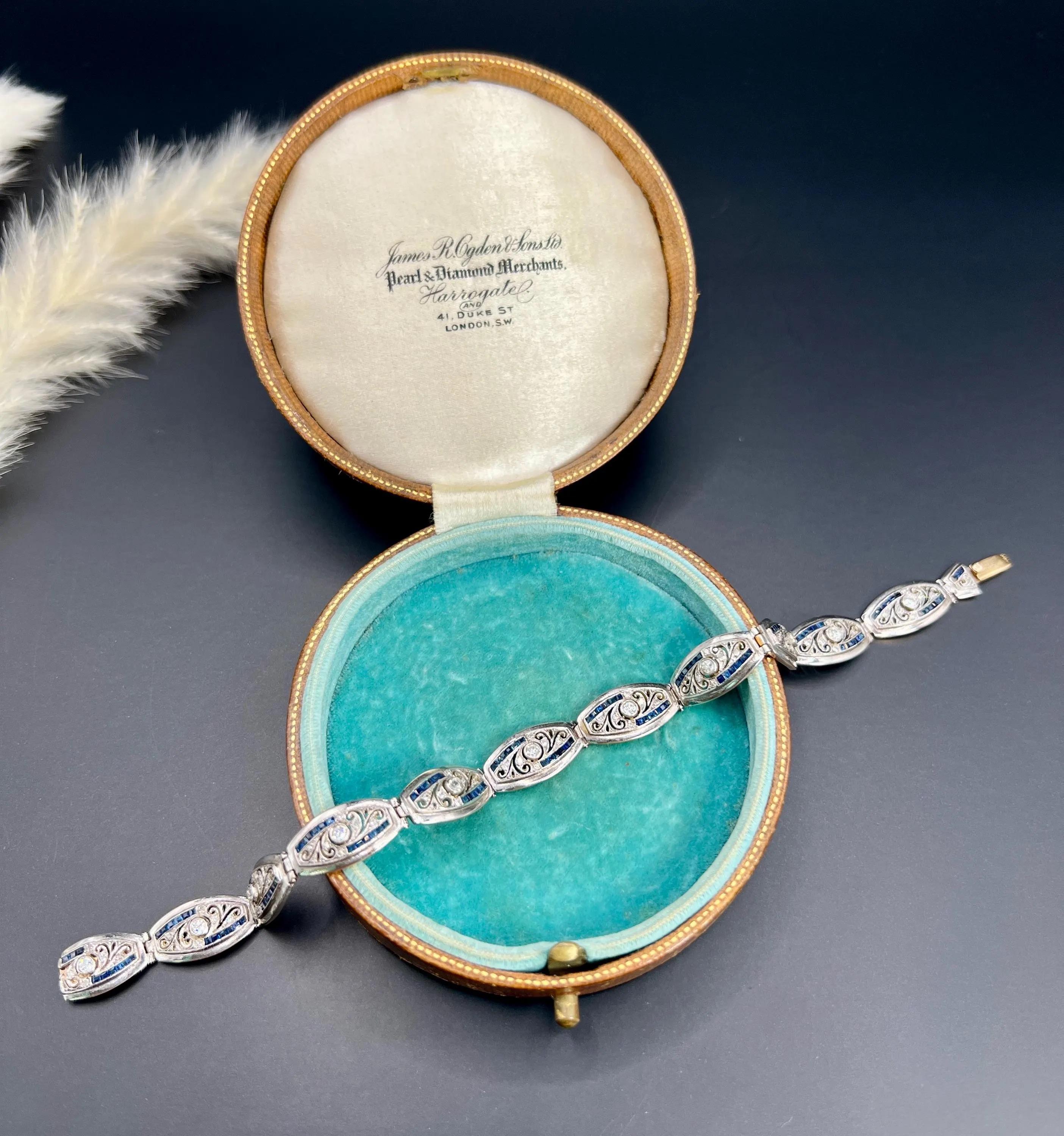 Bracelet édouardien en or 18ct et platine avec saphir calibré et diamant taille ancienne Bon état - En vente à Brighton, GB