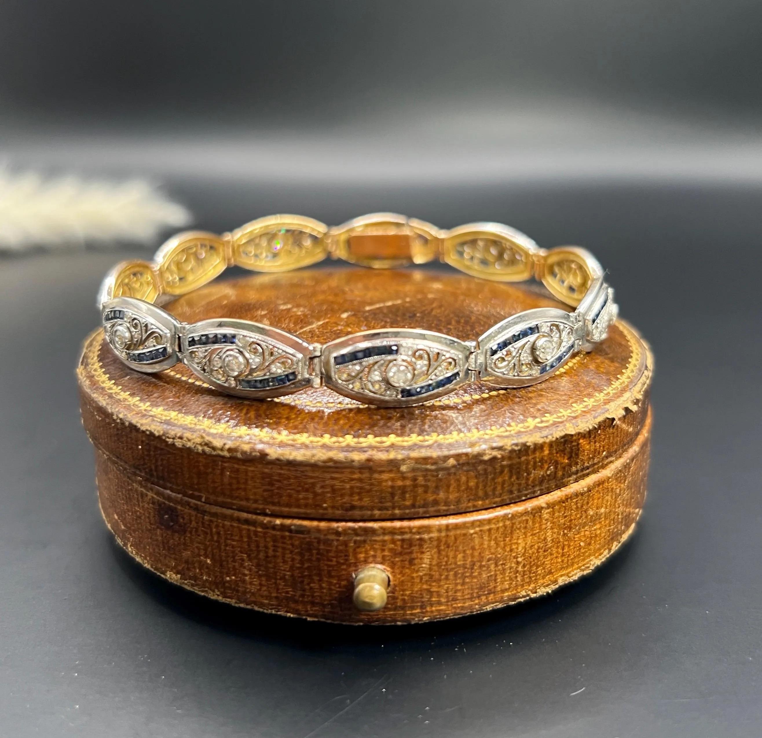 Bracelet édouardien en or 18ct et platine avec saphir calibré et diamant taille ancienne Unisexe en vente