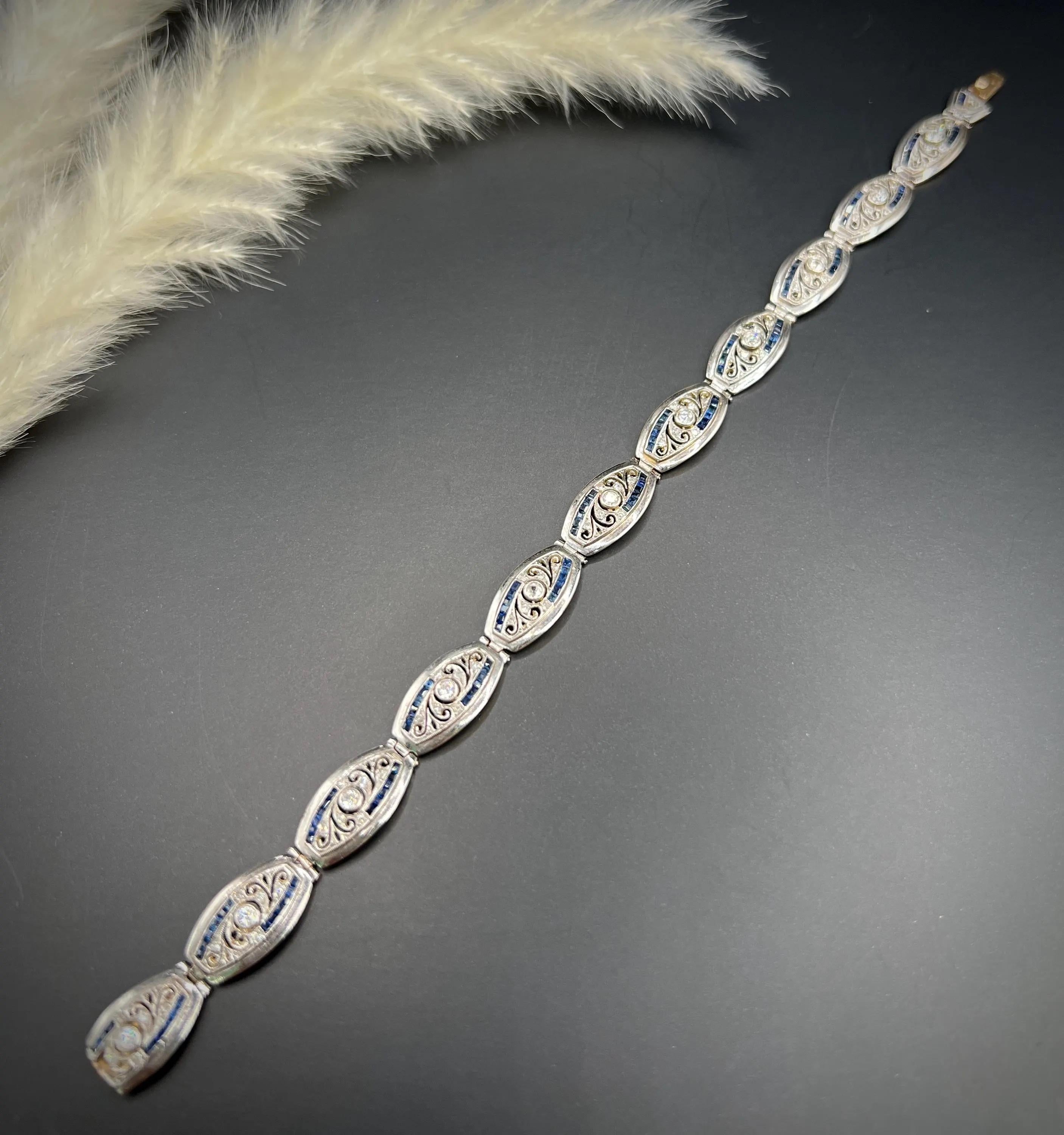 Bracelet édouardien en or 18ct et platine avec saphir calibré et diamant taille ancienne en vente 1