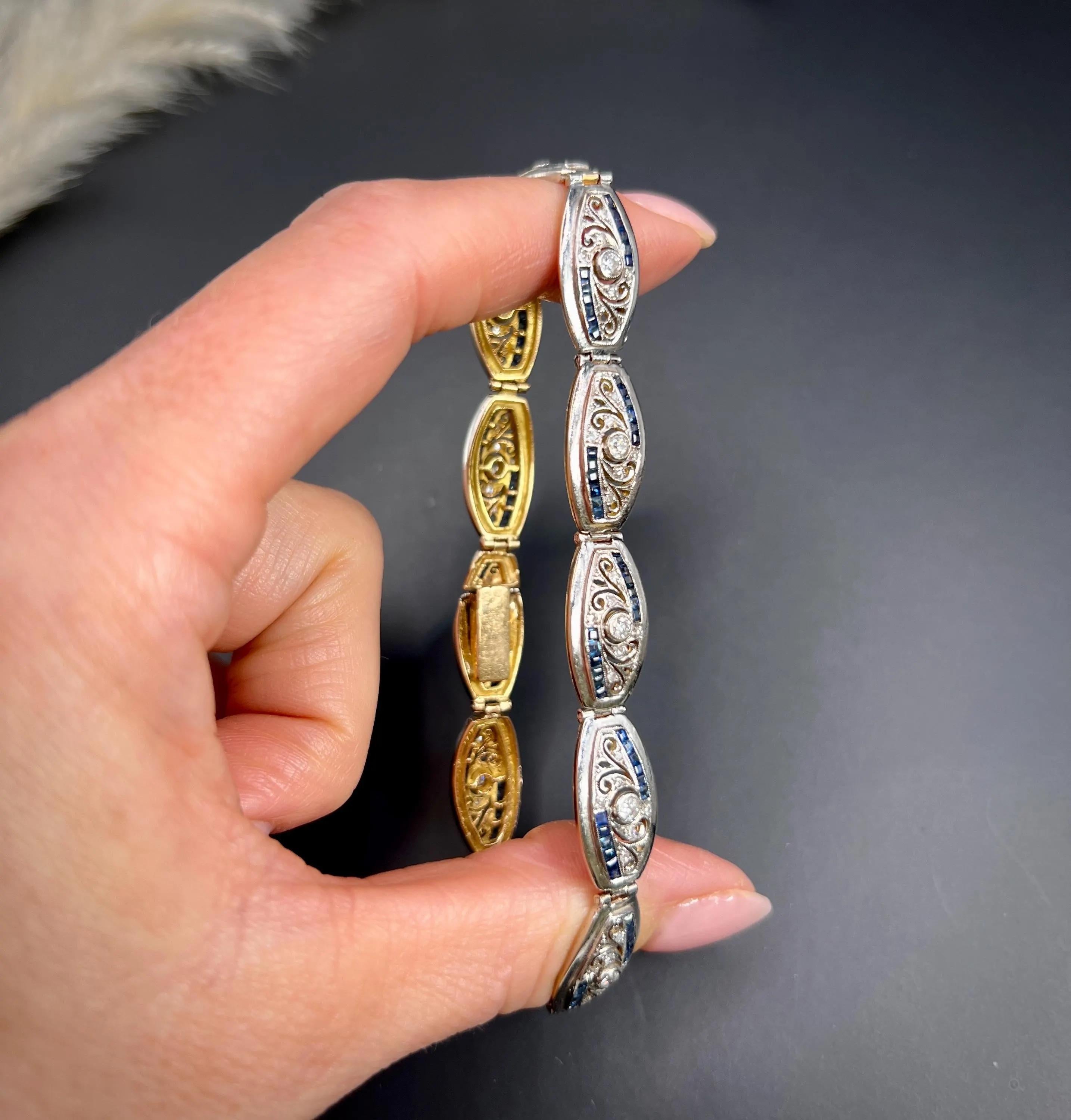 Bracelet édouardien en or 18ct et platine avec saphir calibré et diamant taille ancienne en vente 3