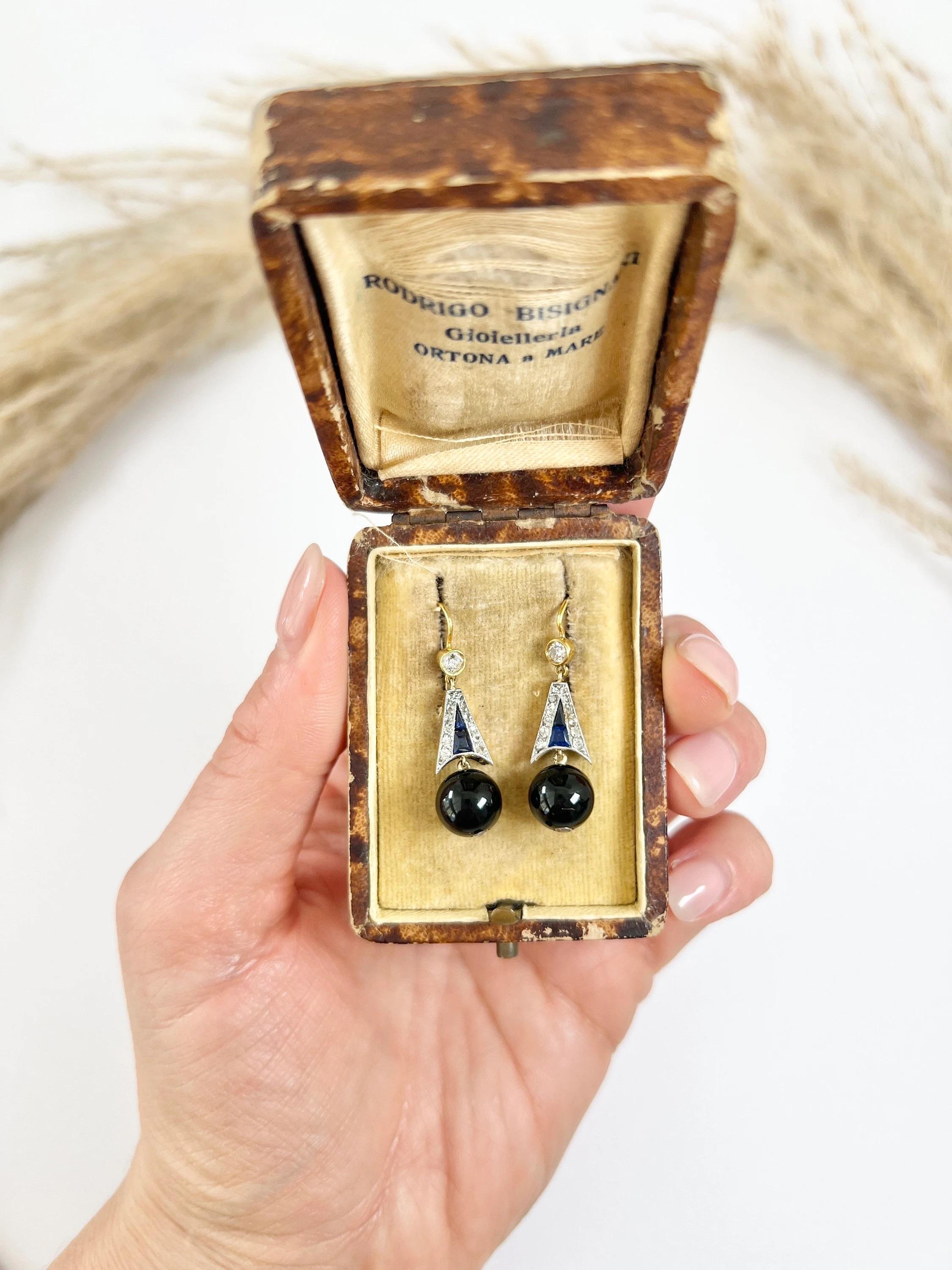 18ct Gold & Platinum Edwardian Diamond, Sapphire, Onyx  Drop Dangle Earrings For Sale 5