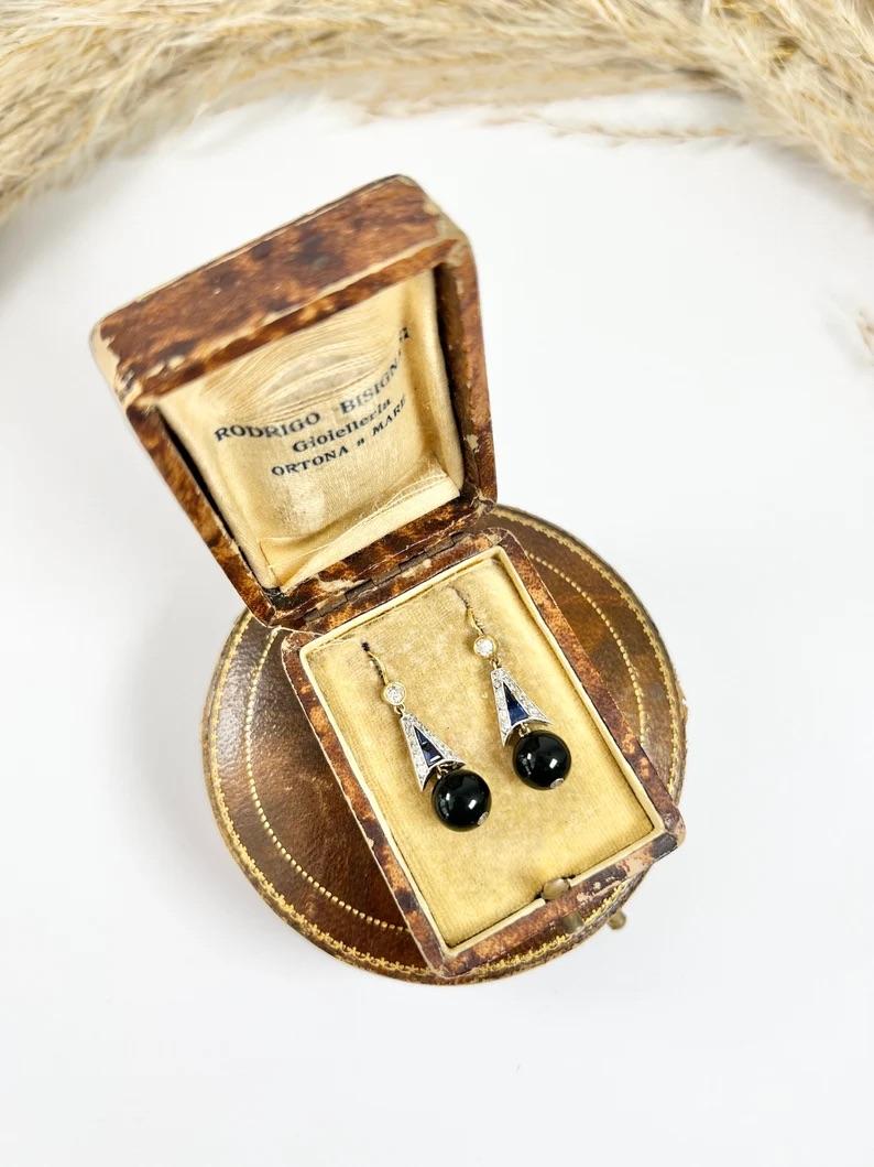 18ct Gold & Platinum Edwardian Diamond, Sapphire, Onyx  Drop Dangle Earrings For Sale 6