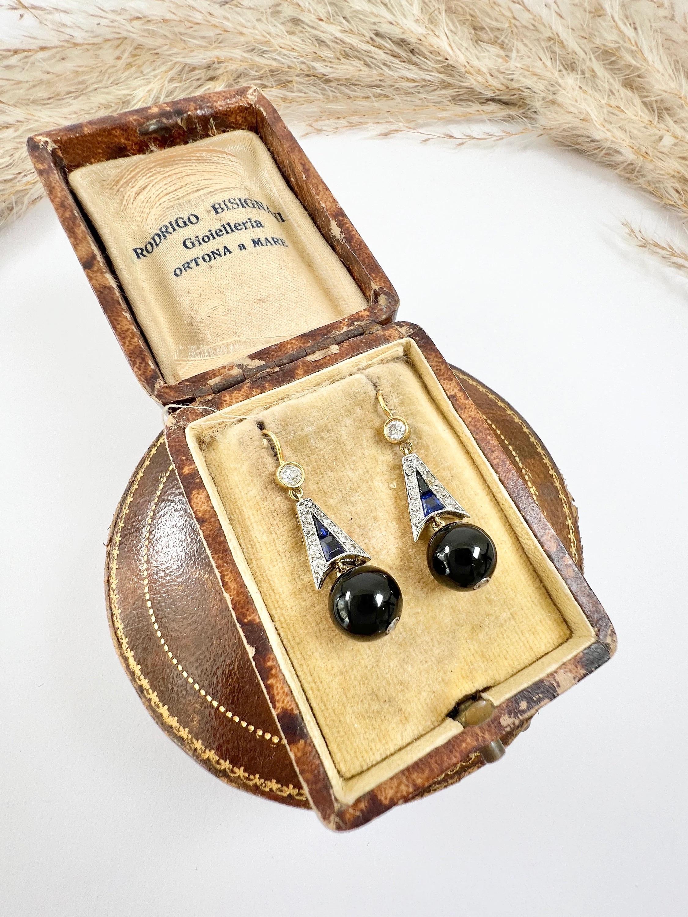 Women's or Men's 18ct Gold & Platinum Edwardian Diamond, Sapphire, Onyx  Drop Dangle Earrings For Sale