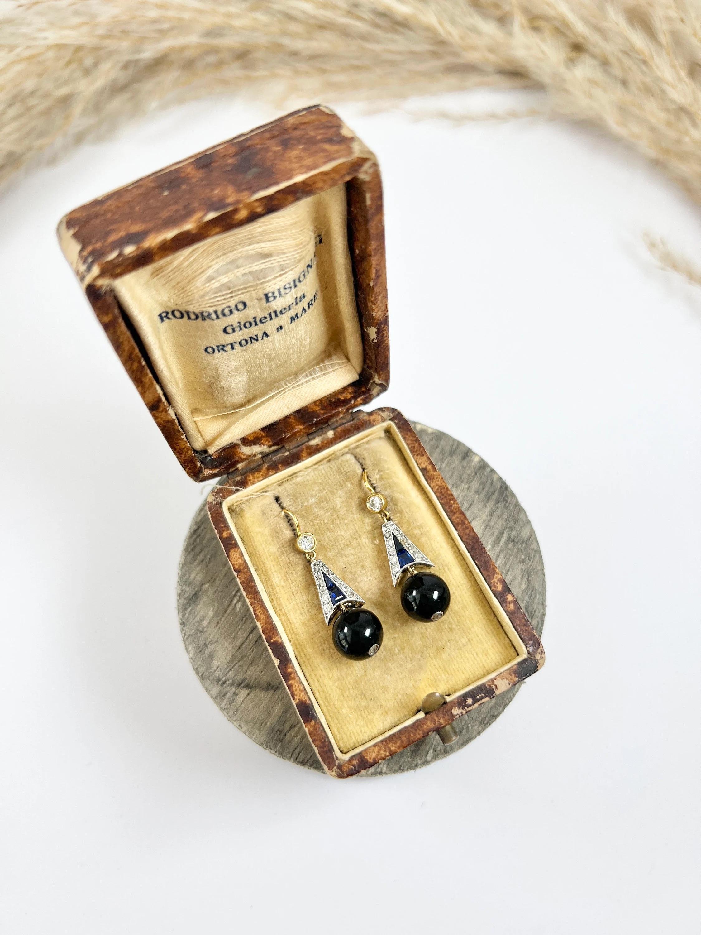 18ct Gold & Platinum Edwardian Diamond, Sapphire, Onyx  Drop Dangle Earrings For Sale 1