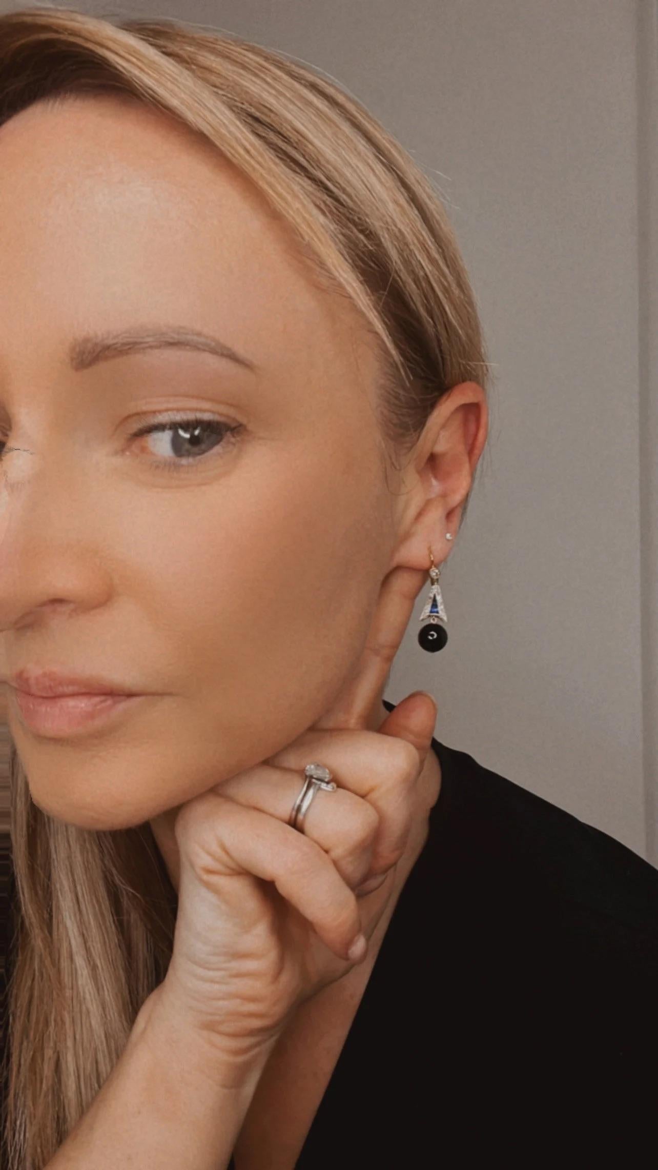 18ct Gold & Platinum Edwardian Diamond, Sapphire, Onyx  Drop Dangle Earrings For Sale 3